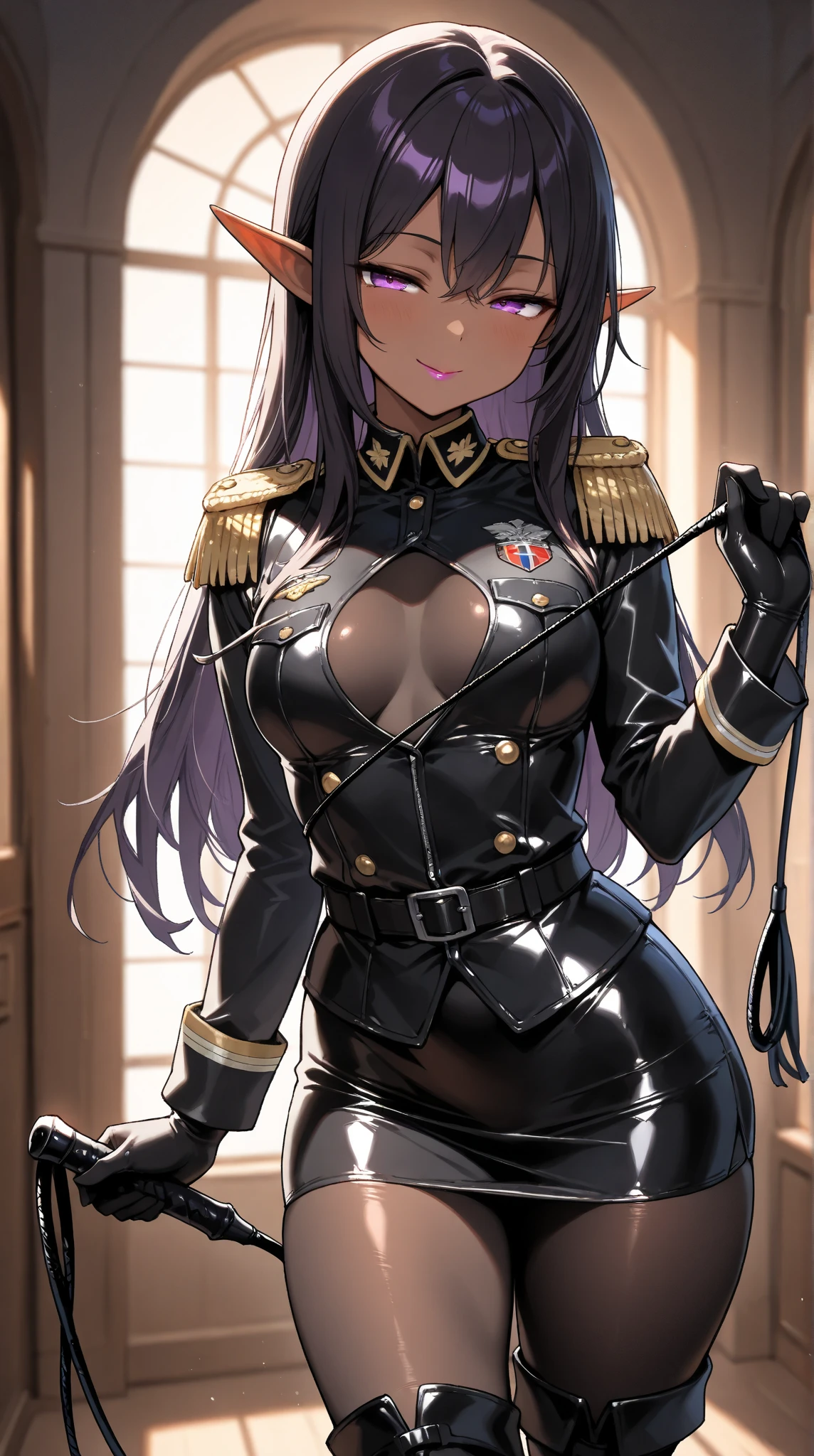  Young Beautiful Dark Elf Women ,(masterpiece, top quality , very detailed depiction, incredibly absurd high definition ,Curvaceous Body),(female cavalry officer , black latex military uniform with epaulettes, tight skirt , bodystocking , black tights, boots),( brown skin next to a woman:1.3, purple eyes, half-closed eyes,Glossy lipstick, slender figure,Beautiful legs,Beautiful thighs,High quality skin),( bewitching smile,Seductive gestures,I have a horse riding whip), cowboy shot,Dim atmosphere,Illuminated by light