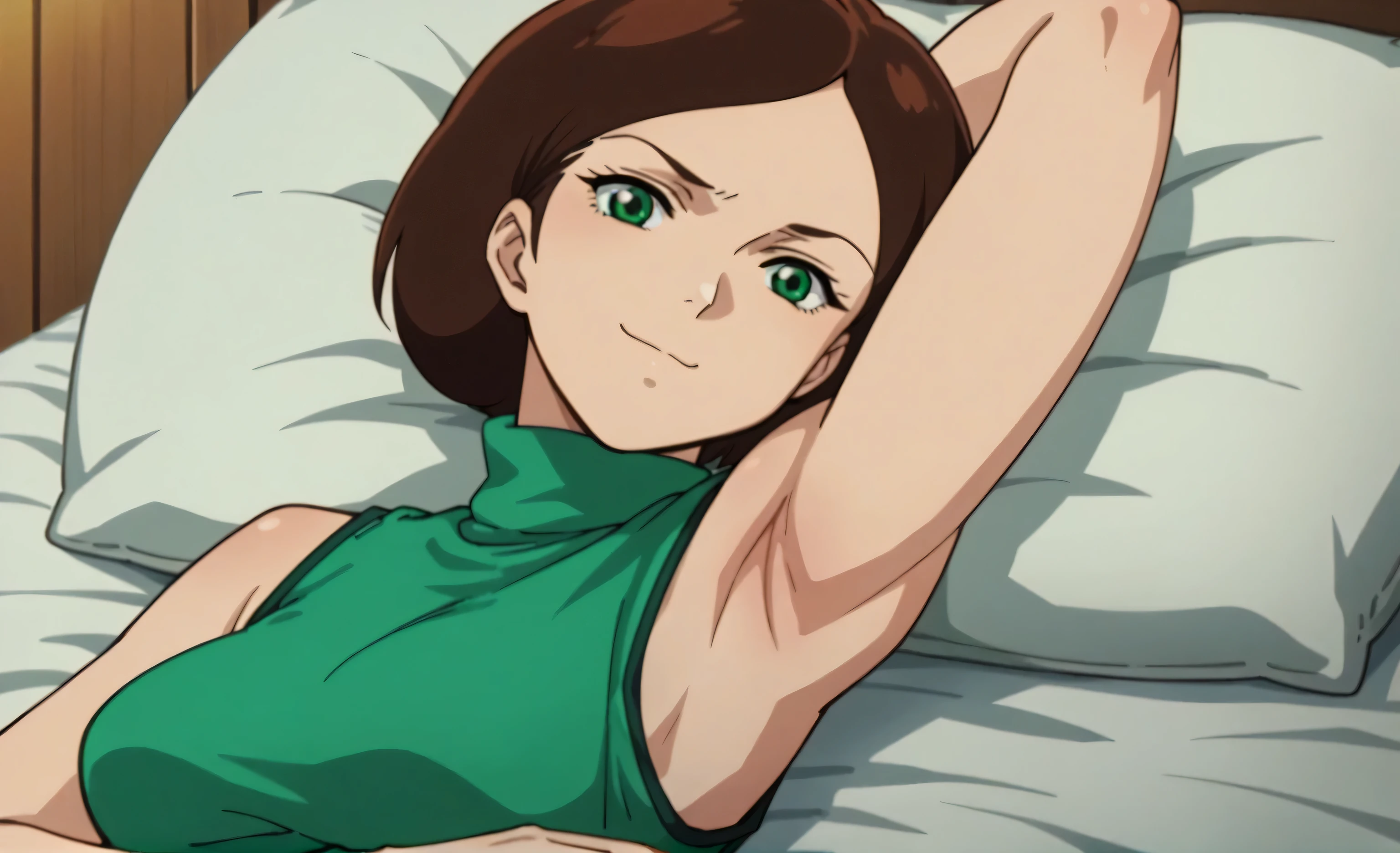score_9, score_8_up, score_7_up, source_anime, anime screencap, 1girl, solo, EmmaSheen, brown hair, short hair, green eyes, medium breasts, green uniform, turtleneck, sleeveless, arm up, raised arm, armpit, (looking at viewer:1.2), head towards viewer, smile, badhandv4, closed mouth, anime coloring, from side, lying in bed