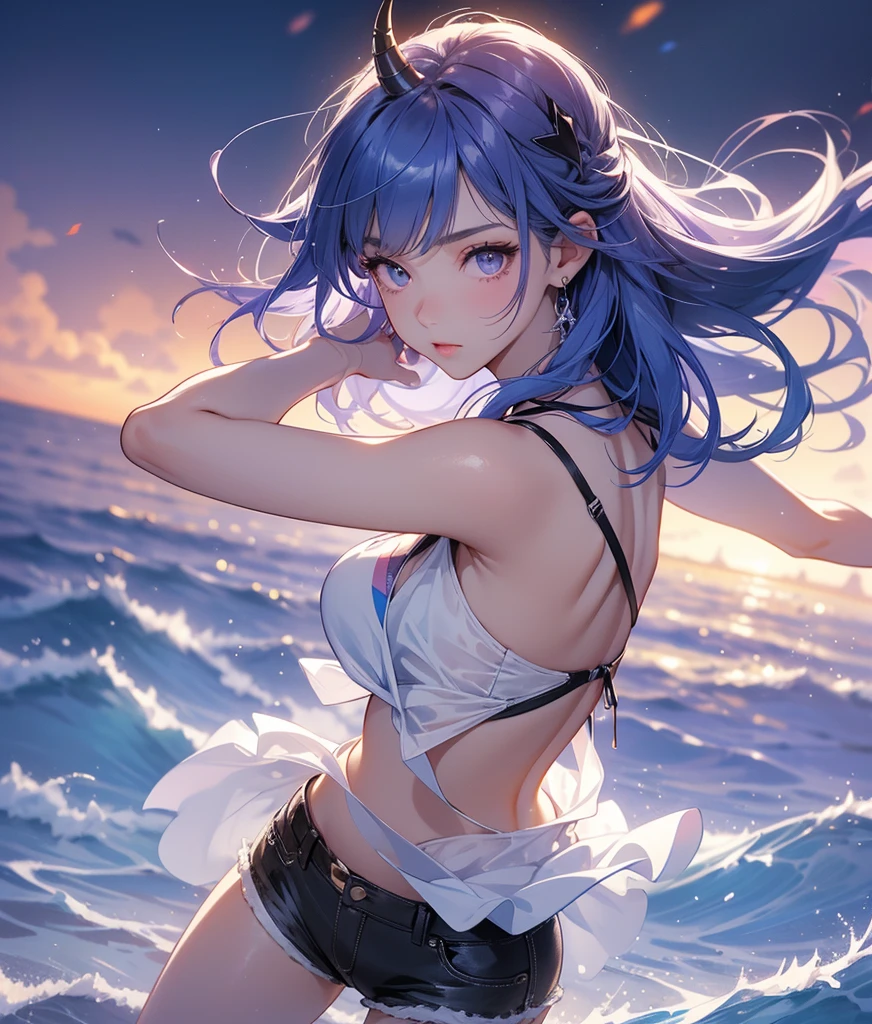 Random patterned swimsuit、Random Swimsuit、Swimsuits in random colors、Random pose、、Acme Face、Random pose、, Pale purple eyes、Light purple hair、Black Hair、Sandy Beach、、、nsfw、Highest quality、1 girl、独奏、Ocean、Sexy pose、Random pose、Blushing、wet、Embarrassed、I can see half of my 、、One Piece Swimwear、(Strap slip:1.3)、Swimsuits in random colors、Swimwear