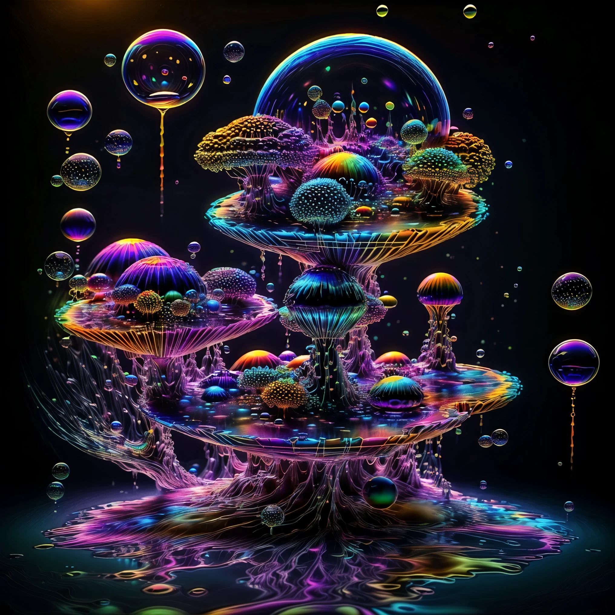 A close up of beautiful bubbles floating on top of each other, LSD, DMT imagery. octane render, psychedelic droplets of water, abstract liquid, and intricate rainbow art. octane render, black 3d fluid simulation,  ethereal bubbles, swirling liquids, and highly detailed, octane render, reflective rainbow bubbles, twisted colors inside of glass spheres, Psilocybin Dream inside an amazing image of light emerging from colors in a shimmering glass morphing out of colors, bright neon and fluorescent colors,very bright, vibrant colors, perfectly formed and symmetrical reflective bubbles and spheres, attention to detail with these beautiful bubbles and spheres, Extreme Hallucinations in a gorgeous piece of  psychedelic digital artwork, Stunning, pixel art, tripped out colors, 4d mandelbulb psychedelics, glass like psychedelic landscape, intricate rainbow environment, psychedelic underwater brightness and glow with neon colors, glowing colors twist inside of translucent glass spheres and bubbles with light and color reflecting off of both in bright fluorescent colors, psychedelic trip, fluorescent and neon aesthetic, psychedelic vibrant colors, bright psychedelic paint splattered backgrounds,swirling spirals and vortex, bright vibrant colors popping out from 3d glass spheres, Rotational Symmetry, Pixel Assets, Portrait photography, Surrealism, Photorealistic, Hyperdetailed, Glass Morphism, Digital Art, Sparkle, Optical Illusion, Glowing Light, Reflective Light, Overexposure, Backlighting, Depth Of Field, Spheres and bubbles show perfect Symmetry, UHD, High Details, High Quality, Super Detailed, Full Focus, Awe inspiring, Shockingly unique wallpaper art, Breathtaking, Indescribably Beautiful, Heaven sent images, Best Quality, Award Winning, MasterpieceA close up of beautiful bubbles floating on top of each other, LSD, DMT imagery. octane render, psychedelic droplets of water, abstract liquid, and intricate rainbow art. octane render, black 3d fluid simulation,  ethereal bubbl