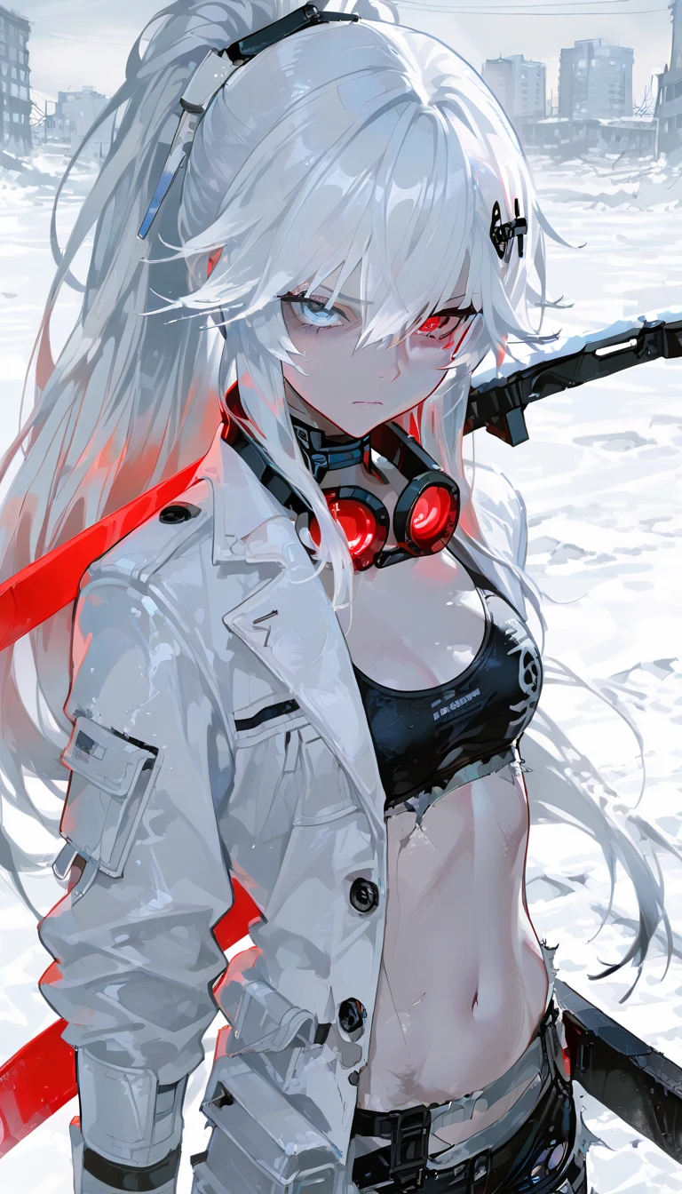  top quality , masterpiece,        748cm style       ,        1 girl,   ,       viewers,  ,      serious expression,,      Punishing Gray raven、     Lucia、     white jacket, frayed hair long hair, white hair, gradient hair, hair ornament, heterochromia, red eyes, blue eyes, white suit
Snow, snow city background, abandoned city, looking at viewer, long shot, bare belly, upper body, ponytail, black sports bra, big swords, black pants, tight, leggings, ripped pants, thigh, boots, googgles around the neck