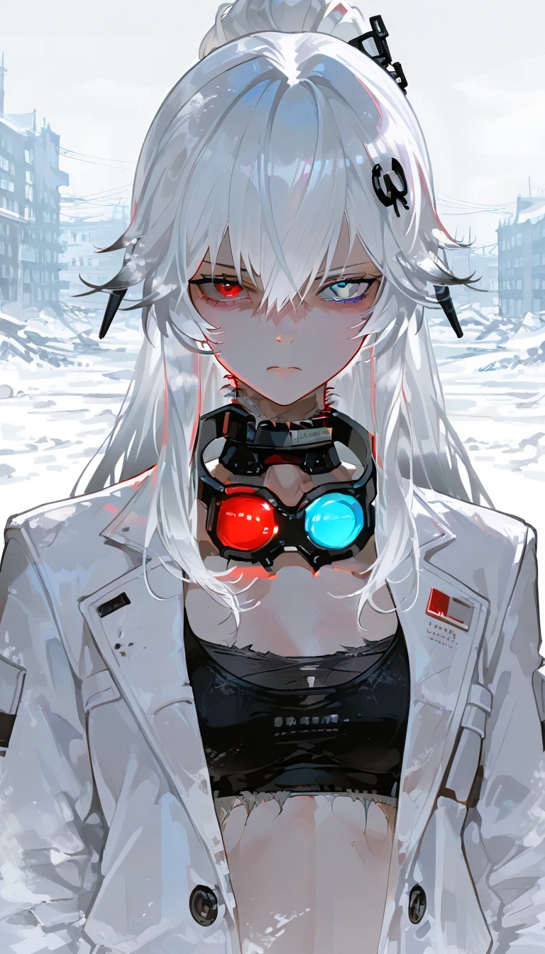  top quality , masterpiece,        748cm style       ,        1 girl,   ,       viewers,  ,      serious expression,,      Punishing Gray raven、     Lucia、     white jacket, frayed hair long hair, white hair, gradient hair, hair ornament, heterochromia, red eyes, blue eyes, white suit
Snow, snow city background, abandoned city, looking at viewer, long shot, bare belly, upper body, ponytail, black sports bra, googgles around the neck