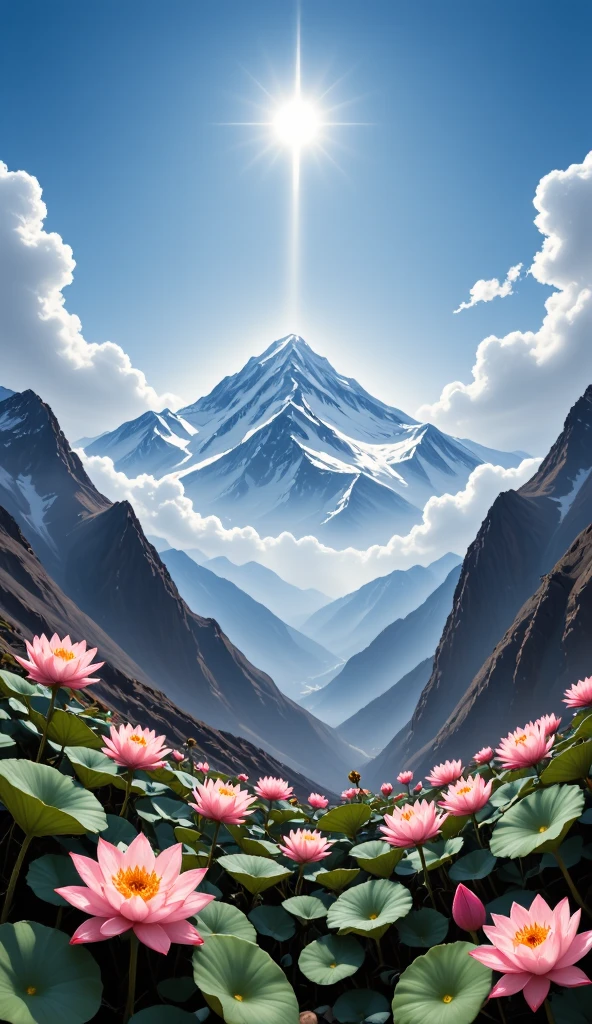 The majestic Tianshan Mountain , snow lotuses bloom like a wonderland , golden phoenix wants to fly , against the backdrop of snowy mountains, making it even more sacred, blue sky and white clouds intertwine , reveals fantasy in serenity , oil painting style ,Genres , long-range perspective , top light irradiates , interlaced light and shadow ,Ultimate image quality, with 8K resolution 。