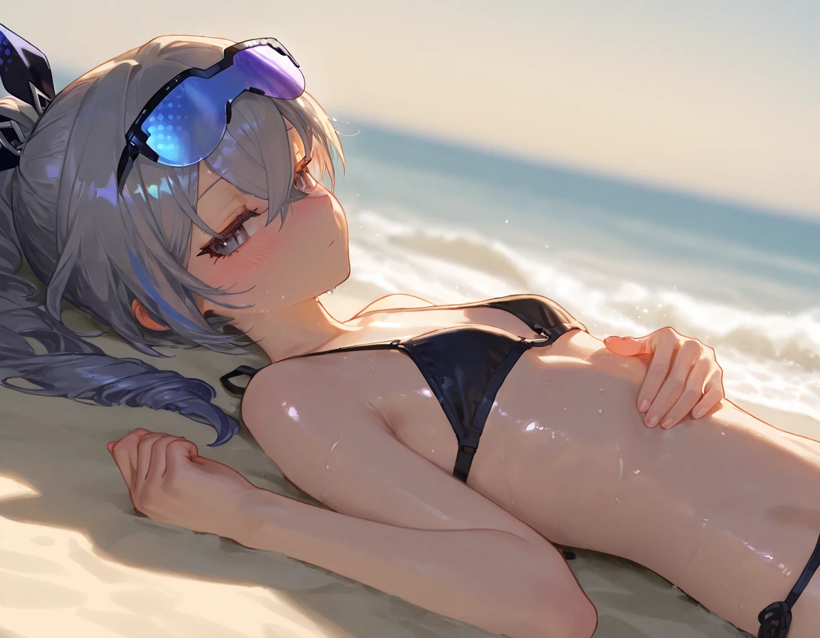 ((Top quality)), ((Masterpiece)), (Detail), perfect face, lying on the beach, listening to music, girl, wearing headphones, wearing swimsuit, swimsuit is transparent, legs spread, wearing tight clothes, buttocks and bare chest, ocean view