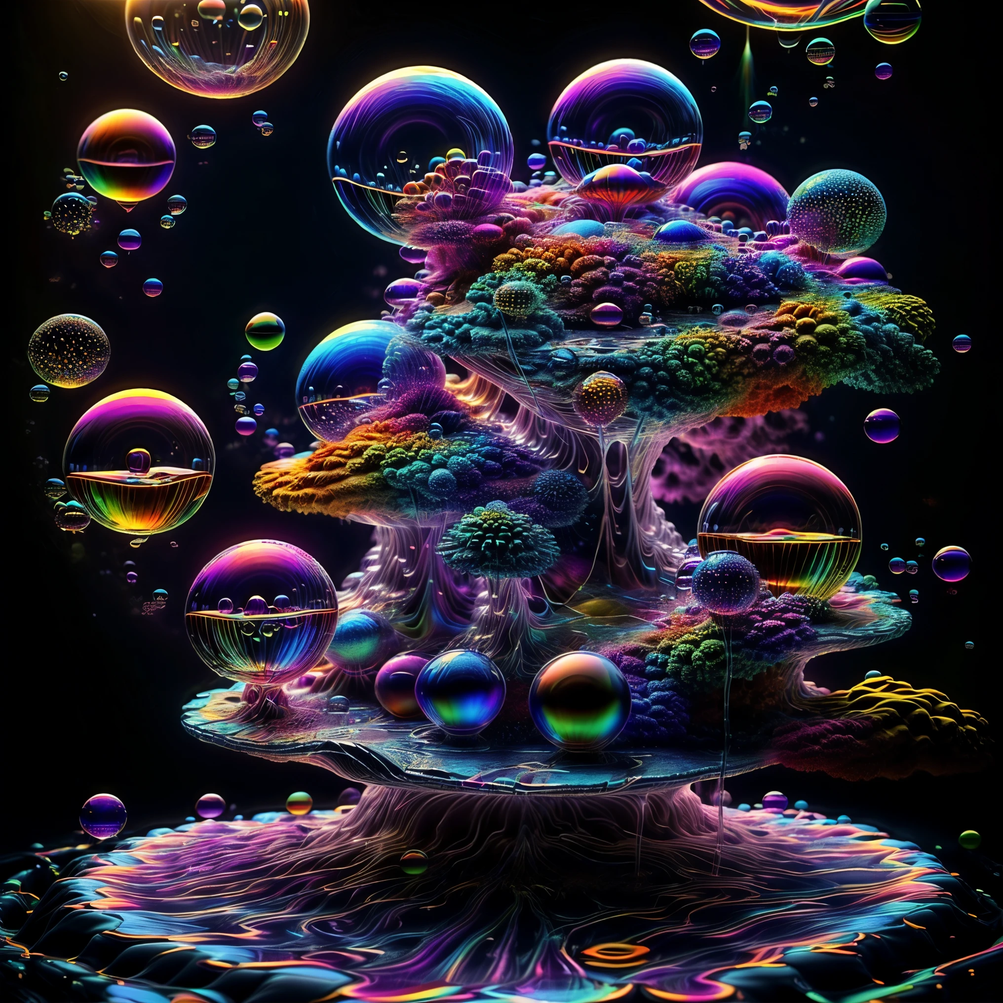 A close up of beautiful bubbles floating on top of each other, LSD, DMT imagery. octane render, psychedelic droplets of water, abstract liquid, and intricate rainbow art. octane render, black 3d fluid simulation,  ethereal bubbles, swirling liquids, and highly detailed, octane render, reflective rainbow bubbles, twisted colors inside of glass spheres, Psilocybin Dream inside an amazing image of light emerging from colors in a shimmering glass morphing out of colors, bright neon and fluorescent colors,very bright, vibrant colors, perfectly formed and symmetrical reflective bubbles and spheres, attention to detail with these beautiful bubbles and spheres, Extreme Hallucinations in a gorgeous piece of  psychedelic digital artwork, Stunning, pixel art, tripped out colors, 4d mandelbulb psychedelics, glass like psychedelic landscape, intricate rainbow environment, psychedelic underwater brightness and glow with neon colors, glowing colors twist inside of translucent glass spheres and bubbles with light and color reflecting off of both in bright fluorescent colors, psychedelic trip, fluorescent and neon aesthetic, psychedelic vibrant colors, bright psychedelic paint splattered backgrounds,swirling spirals and vortex, bright vibrant colors popping out from 3d glass spheres, Rotational Symmetry, Pixel Assets, Portrait photography, Surrealism, Photorealistic, Hyperdetailed, Glass Morphism, Digital Art, Sparkle, Optical Illusion, Glowing Light, Reflective Light, Overexposure, Backlighting, Depth Of Field, Spheres and bubbles show perfect Symmetry, UHD, High Details, High Quality, Super Detailed, Full Focus, Awe inspiring, Shockingly unique wallpaper art, Breathtaking, Indescribably Beautiful, Heaven sent images, Best Quality, Award Winning, MasterpieceA close up of beautiful bubbles floating on top of each other, LSD, DMT imagery. octane render, psychedelic droplets of water, abstract liquid, and intricate rainbow art. octane render, black 3d fluid simulation,  ethereal bubbl