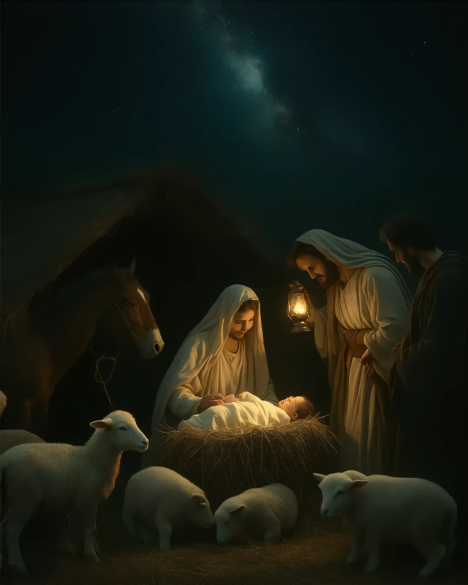 A breathtaking, sacred depiction of the Nativity scene on a tranquil night. The setting is a modest stable, illuminated by the soft, heavenly glow of a radiant star shining brightly in the night sky. At the center lies the  Jesus in a humble manger, wrapped in swaddling clothes, exuding a divine light that fills the room with warmth and peace. Mary kneels beside him with a gentle, loving gaze, her face glowing with maternal grace, while Joseph stands protectively nearby, holding a lantern. Surrounding them are animals—sheep, donkeys, and oxen—calmly observing the holy moment. Shepherds, dressed in simple robes, kneel in awe, offering humble gifts, while the Three Wise Men approach with their regal gifts of gold, frankincense, and myrrh. Angels hover above with outstretched wings, their expressions serene, and a choir of ethereal voices fills the air. The entire scene radiates divine serenity and the profound significance of the moment, symbolizing hope, peace, and the miraculous birth of the Savior.