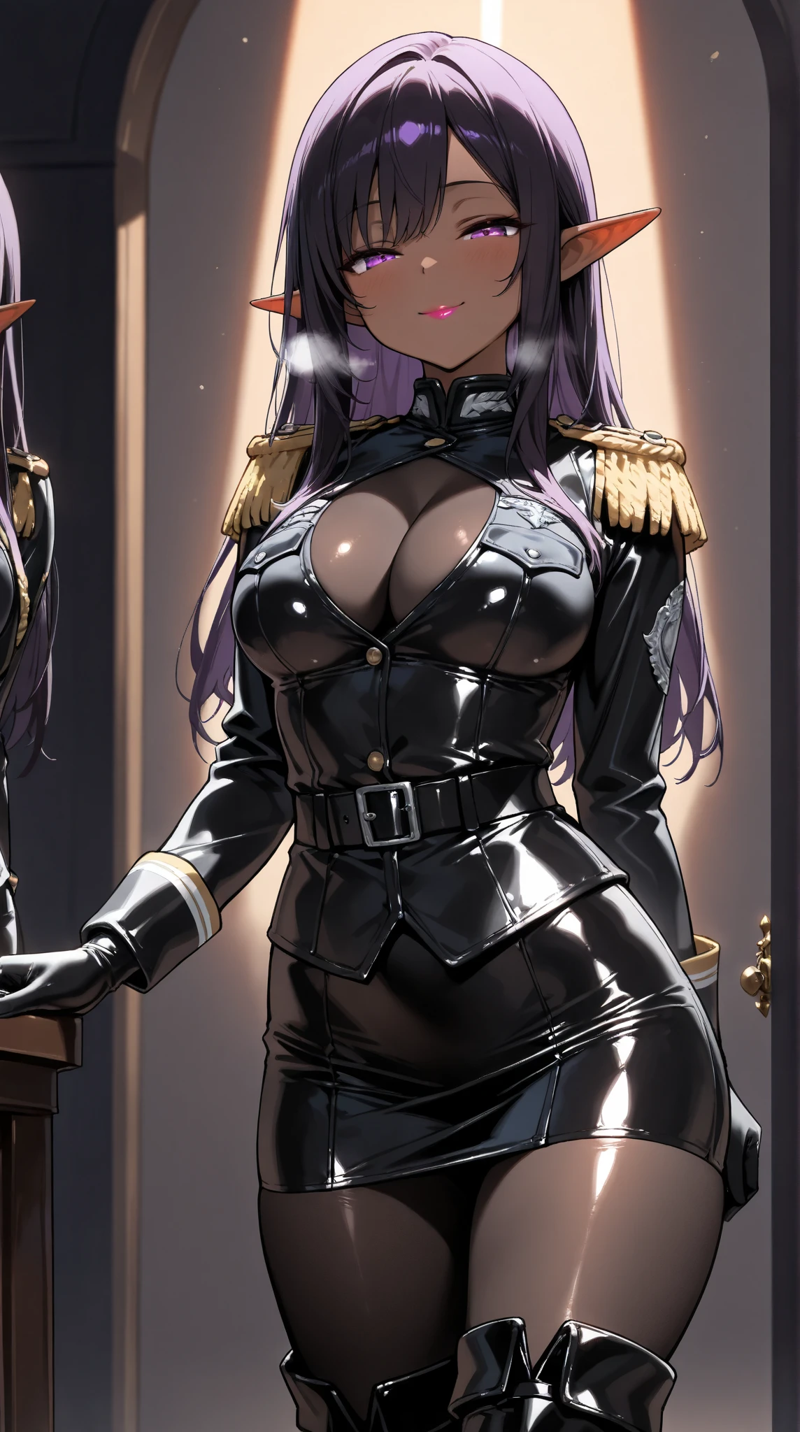 masterpiece, best quality, <lora:gamma-nvwls-v1-000009:0.9> gamma, black bodysuit, bodystocking, black gloves, gold trim, (large breasts:0.8), standing, holding wineglass, mansion, chandelier, looking at viewer, smile