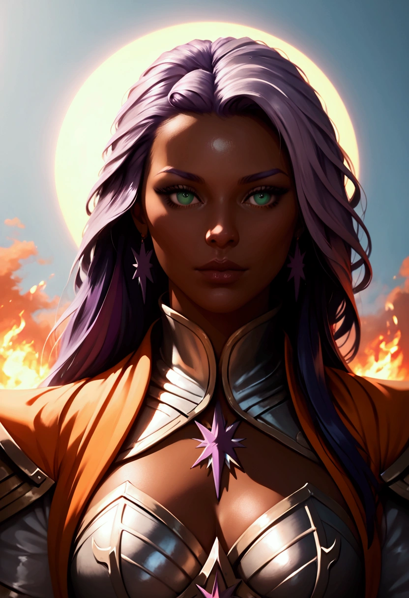 score_9, score_8_up, score_7_up, score_6_up, score_5_up, score_4_up, fantasy art, dnd art, RPG art, wide shot,  an intense details, highly detailed, photorealistic, best quality, highres, portrait a female, (( dark blue skin)), intense details facial details, exquisite beauty, cleric, ((dark blue skin)) female, ((lavender hair)), long hair, (((no ears: 1.5))), (green eyes: 1.3), armed with a fiery sword red fire, wearing (twilight priestly combat vestments: 1.5), wearing white armor, wearing high heeled laced boots, wearing an (orange cloak), wearing glowing sun holy symbol fantasy temple background, reflection light, high details, best quality, 16k, [ultra detailed], masterpiece, best quality, (extremely detailed), close up, ultra wide shot, photorealistic, RAW, fantasy art, dnd art, fantasy art, realistic art,((best quality)), ((masterpiece)), (detailed), perfect face ultra wide shot, Cinematic Shot