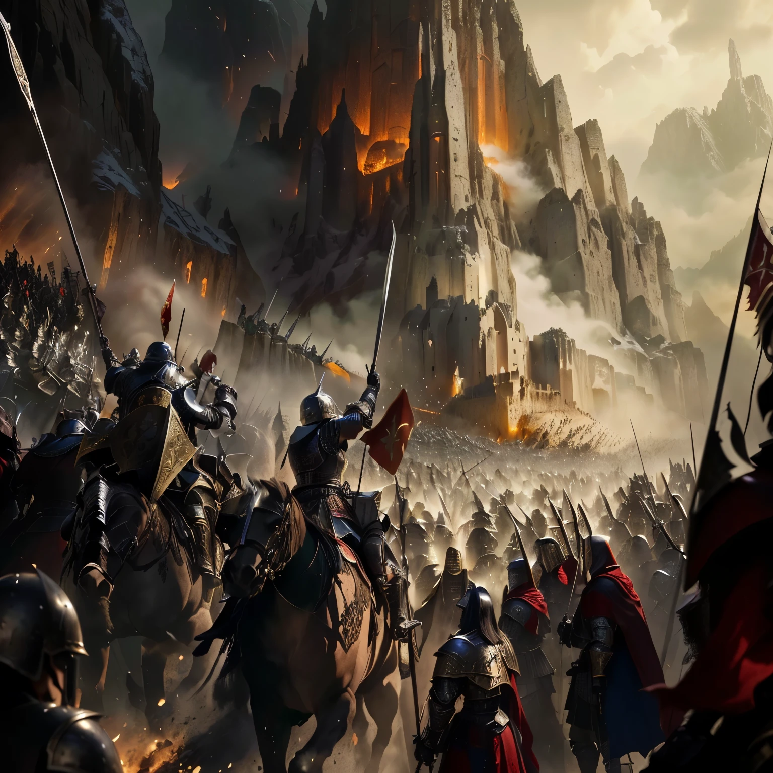 There was a general standing in front of a large crowd, epic fantasy game art, 4K fantasy art, battle landscape, epic fantasy artwork, fantasy epic digital art, 8K fantasy art, fantasy game art, medieval fantasy battle, epic fantasy illustration, medieval fantasy game art, Epic fantasy digital art style, epic battle scene, cinematic fantasy painting