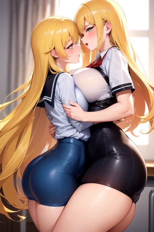 Lesbian (very long loose yellow hair)(big breasts, big thighs)(with  clothes it is very tight) that he is kissing at school with his girlfriend,(big breasts, big thighs)lesbian love