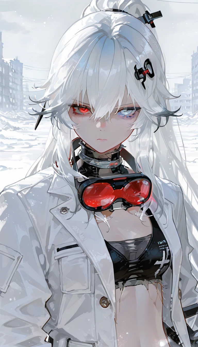  top quality , masterpiece,        748cm style       ,        1 girl,   ,       viewers,  ,      serious expression,,      Punishing Gray raven、     Lucia、     white jacket, frayed hair long hair, white hair, gradient hair, hair ornament, heterochromia, red eyes, blue eyes, white suit
Snow, snow city background, abandoned city, looking at viewer, long shot, bare belly, upper body, ponytail, black sports bra, motorcycle red goggles around the neck