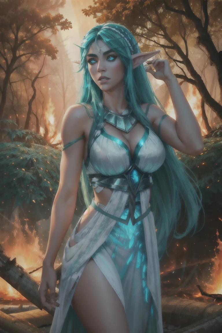 1girl tyrande, aqua hair, glowing eyes, white dress, athletic, gasp, perfect eyes, perfect face,( forest fire:1.3), torn clothes,  looking up,  gasp, shocked, surprised, burning tree,  volumetric lighting,particles, beautiful, masterpiece, high quality, realistic,  