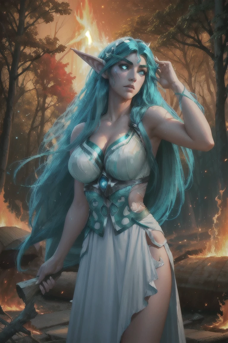 1girl tyrande, aqua hair, glowing eyes, white dress, athletic, gasp, perfect eyes, perfect face,( forest fire:1.3), torn clothes,  looking up,  gasp, shocked, surprised, burning tree,  volumetric lighting,particles, beautiful, masterpiece, high quality, realistic,  