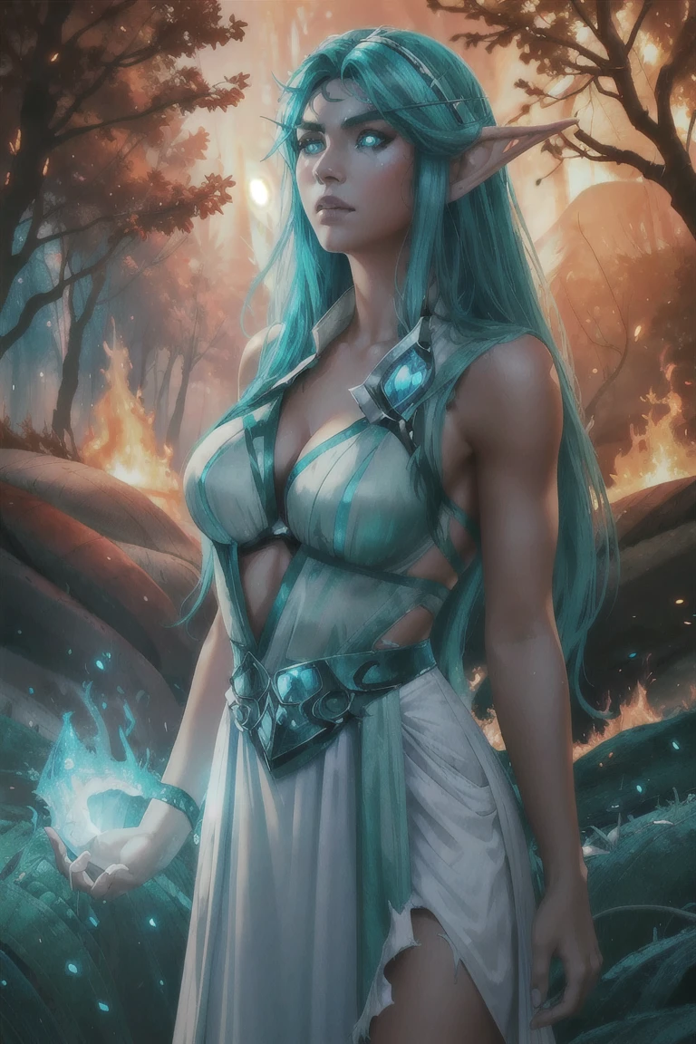 1girl tyrande, aqua hair, glowing eyes, white dress, athletic, gasp, perfect eyes, perfect face,( forest fire:1.3), torn clothes,  looking up,  gasp, shocked, surprised, burning tree,  volumetric lighting,particles, beautiful, masterpiece, high quality, realistic,  