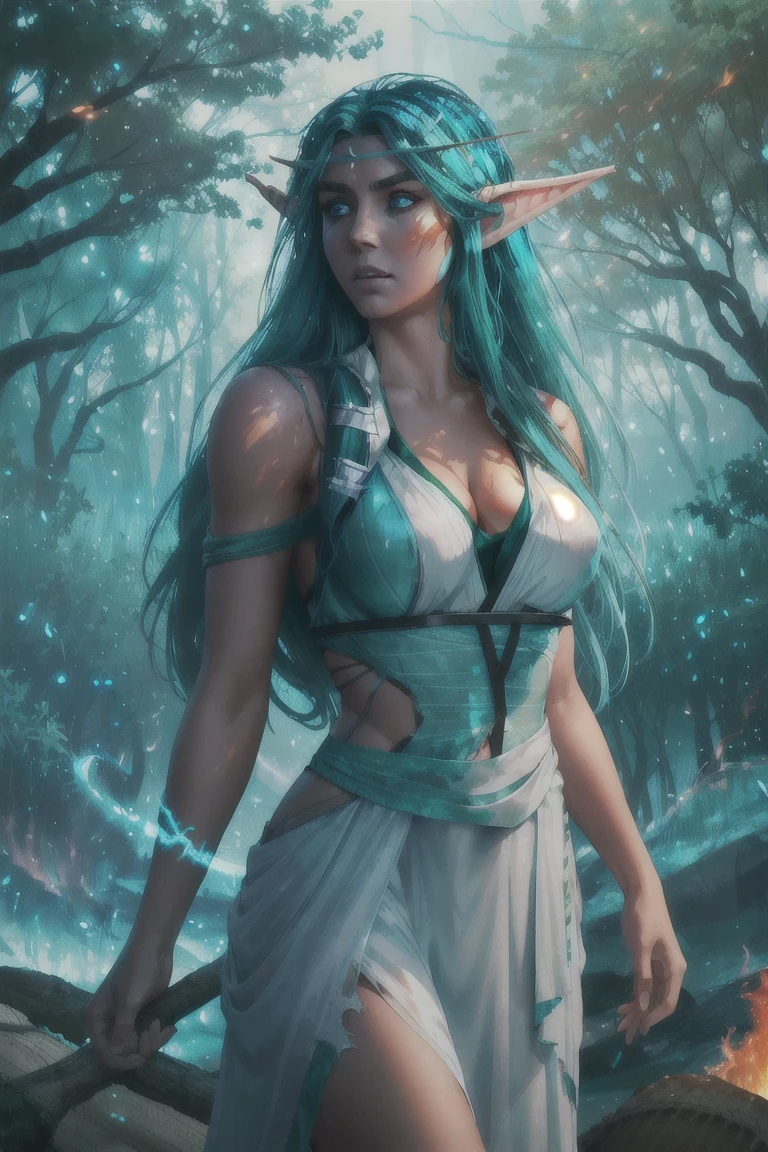 1girl tyrande, aqua hair, glowing eyes, white dress, athletic, gasp, perfect eyes, perfect face,( forest fire:1.3), torn clothes,  looking up,  gasp, shocked, surprised, burning tree,  volumetric lighting,particles, beautiful, masterpiece, high quality, realistic,  