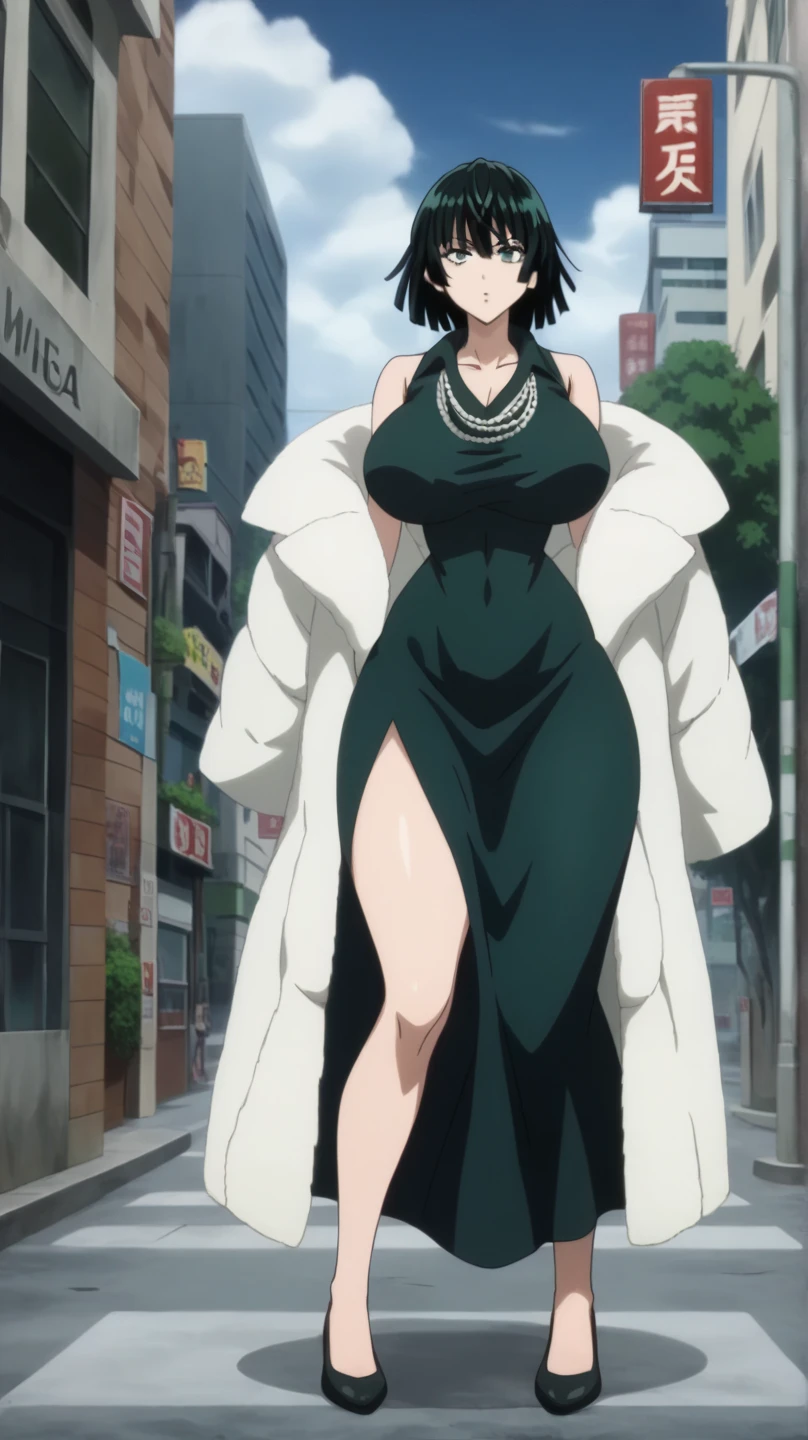 Fubuki,good face,one punch man,city,perfect body,large breast,detailed face,green eyes,Prompt: (huge gigantic super mega hyper:1.3),(biggest round giant massive :1.3),perfect lighting,big ass,black dress,dress,fur coat,jewelry,necklace,off shoulder,taut clothes,taut dress,collapse face,stomach distension,large penis,venous penis,source_anime,masterpiece,best quality,highres,absurdres,official art,official style,source_anime,anime screencap,anime coloring,megami magazine,anime,animated,explicit, shiny skin, fubuki_v1, 1girl,dress, green eyes, green hair, black dress