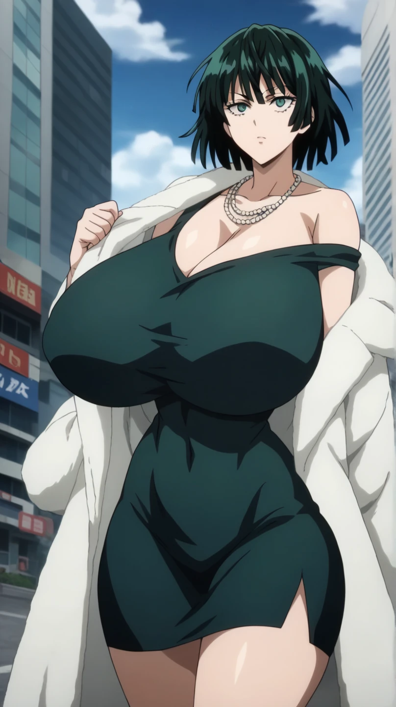 Fubuki,good face,one punch man,city,perfect body,large breast,detailed face,green eyes,Prompt: (huge gigantic super mega hyper:1.3),(biggest round giant massive :1.3),perfect lighting,big ass,black dress,dress,fur coat,jewelry,necklace,off shoulder,taut clothes,taut dress,collapse face,stomach distension,large penis,venous penis,source_anime,masterpiece,best quality,highres,absurdres,official art,official style,source_anime,anime screencap,anime coloring,megami magazine,anime,animated,explicit, shiny skin, fubuki_v1, 1girl,dress, green eyes, green hair, black dress