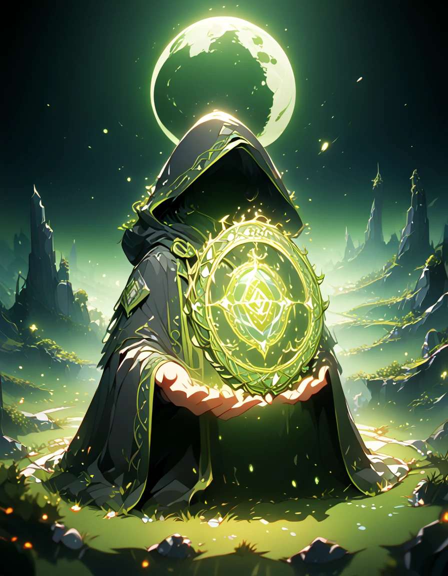 Detailed 8k shadow with hood and black cloak covering the entire body using a green binding spell with the moon in the background