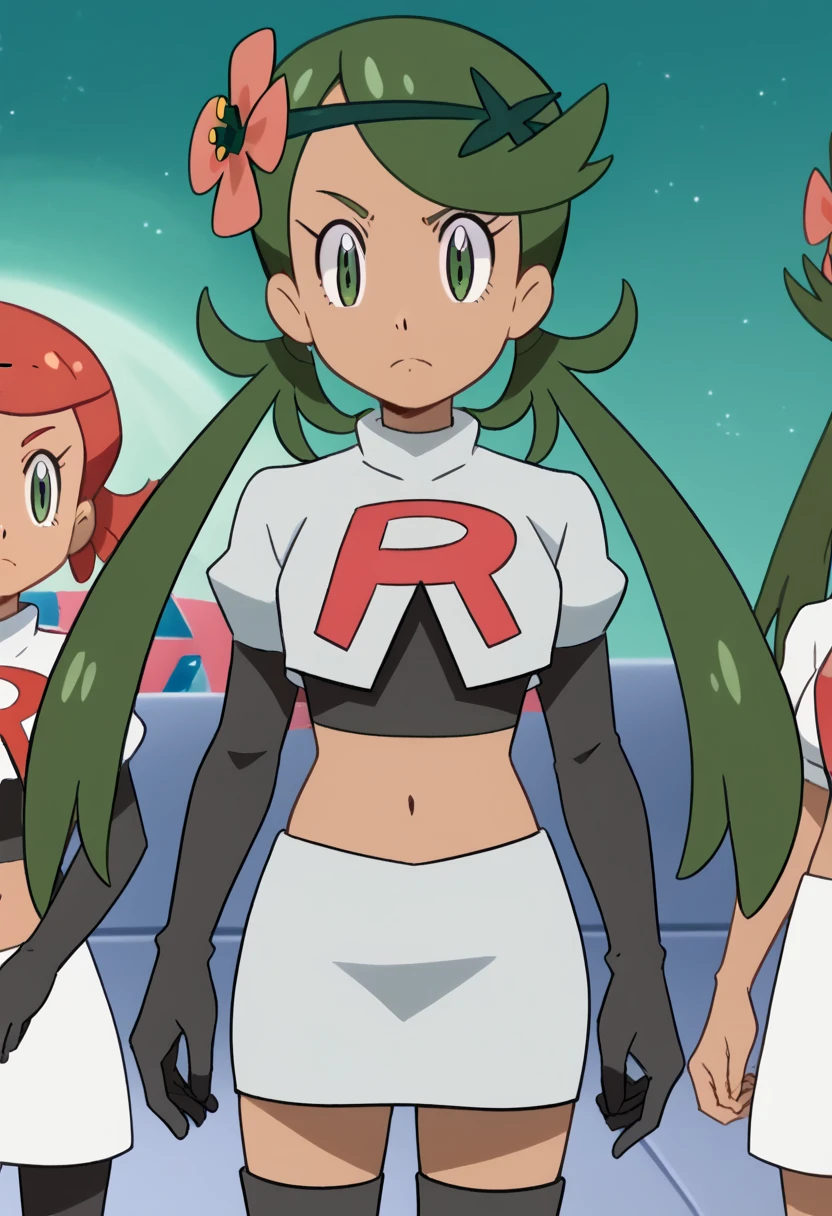 8k, anime screencap,1girl in, (solo:1.2), (perfect body:1.1), (best quality:1.1), very large breast, team rocket uniform, red letter r, white skirt,white crop top,black thigh-high boots, black elbow gloves, evil smile, looking down at viewer, hands on hips,zettai ryouiki,