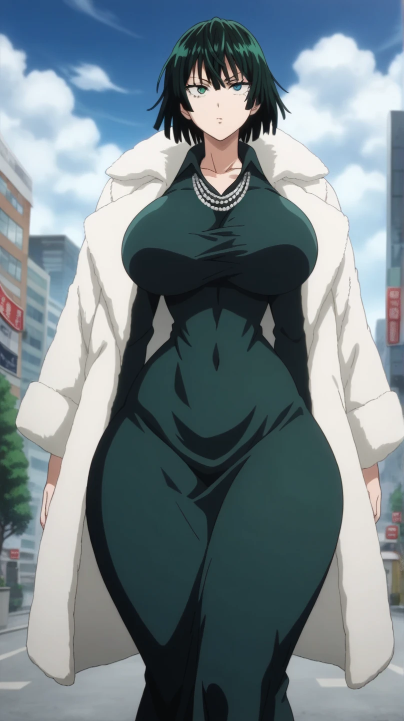 Fubuki,one punch man,city,perfect body,large breast,detailed face,green eyes,Prompt: (huge gigantic super mega hyper:1.3),(biggest round giant massive :1.3),perfect lighting,big ass,black dress,dress,fur coat,jewelry,necklace,off shoulder,taut clothes,taut dress,collapse face,stomach distension,large penis,venous penis,source_anime,masterpiece,best quality,highres,absurdres,official art,official style,source_anime,anime screencap,anime coloring,megami magazine,anime,animated,explicit, shiny skin, fubuki_v1, 1girl,dress, green eyes, green hair, black dress