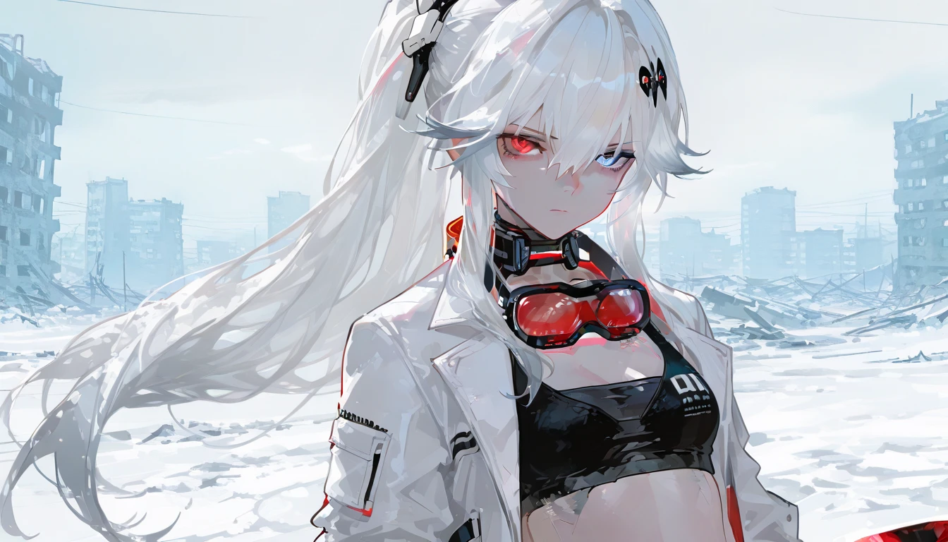  top quality , masterpiece,        748cm style       ,        1 girl,   ,       viewers,  ,      serious expression,,      Punishing Gray raven、     Lucia、     white jacket, frayed hair long hair, white hair, gradient hair, hair ornament, heterochromia, red eyes, blue eyes, white suit
Snow, snow city background, abandoned city, looking at viewer, long shot, bare belly, upper body, ponytail, black sports bra, motorcycle red goggles around the neck