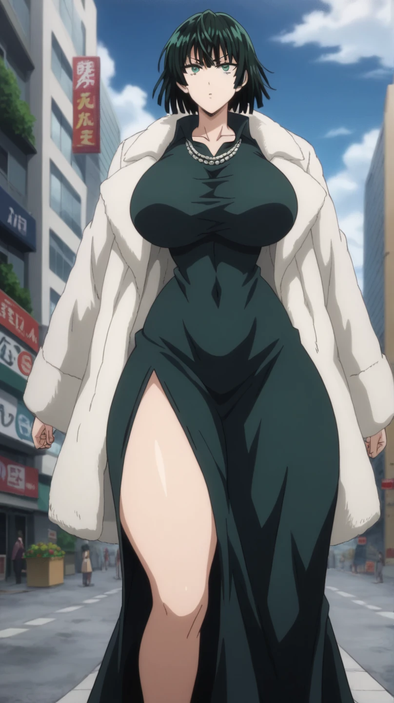 Fubuki,one punch man,city,perfect body,large breast,detailed face,green eyes,Prompt: (huge gigantic super mega hyper:1.3),(biggest round giant massive :1.3),perfect lighting,big ass,black dress,dress,fur coat,jewelry,necklace,off shoulder,taut clothes,taut dress,collapse face,stomach distension,large penis,venous penis,source_anime,masterpiece,best quality,highres,absurdres,official art,official style,source_anime,anime screencap,anime coloring,megami magazine,anime,animated,explicit, shiny skin, fubuki_v1, 1girl,dress, green eyes, green hair, black dress