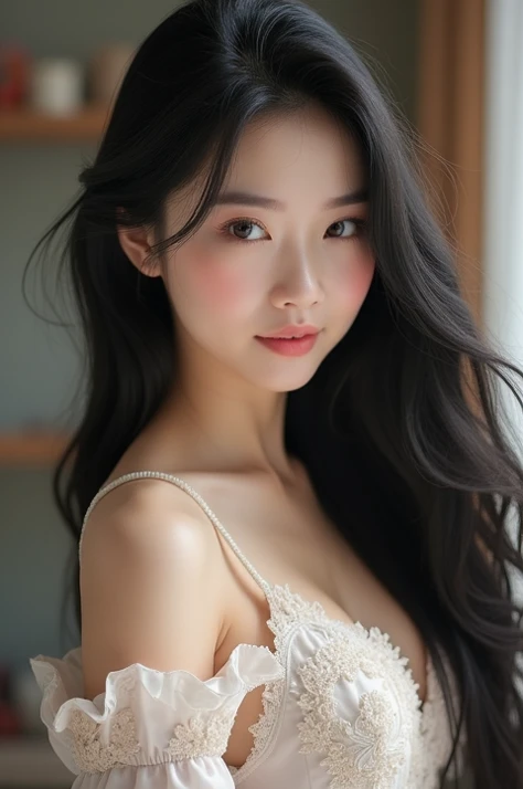 Selfie,Realistic photo,White dress, Beautiful straight hair,, Black Hair,Chinese women,Detailed face and body, Natural light, High resolution, photoRealistic, (Highest quality,8k,High resolution,masterpiece:1.2),Very detailed,(Realistic,photoRealistic,photo-Realistic:1.37),Realistic skin texture,Beautiful eyes and lips,Beautifully detailed face,Long eyelashes,Smooth Skin
