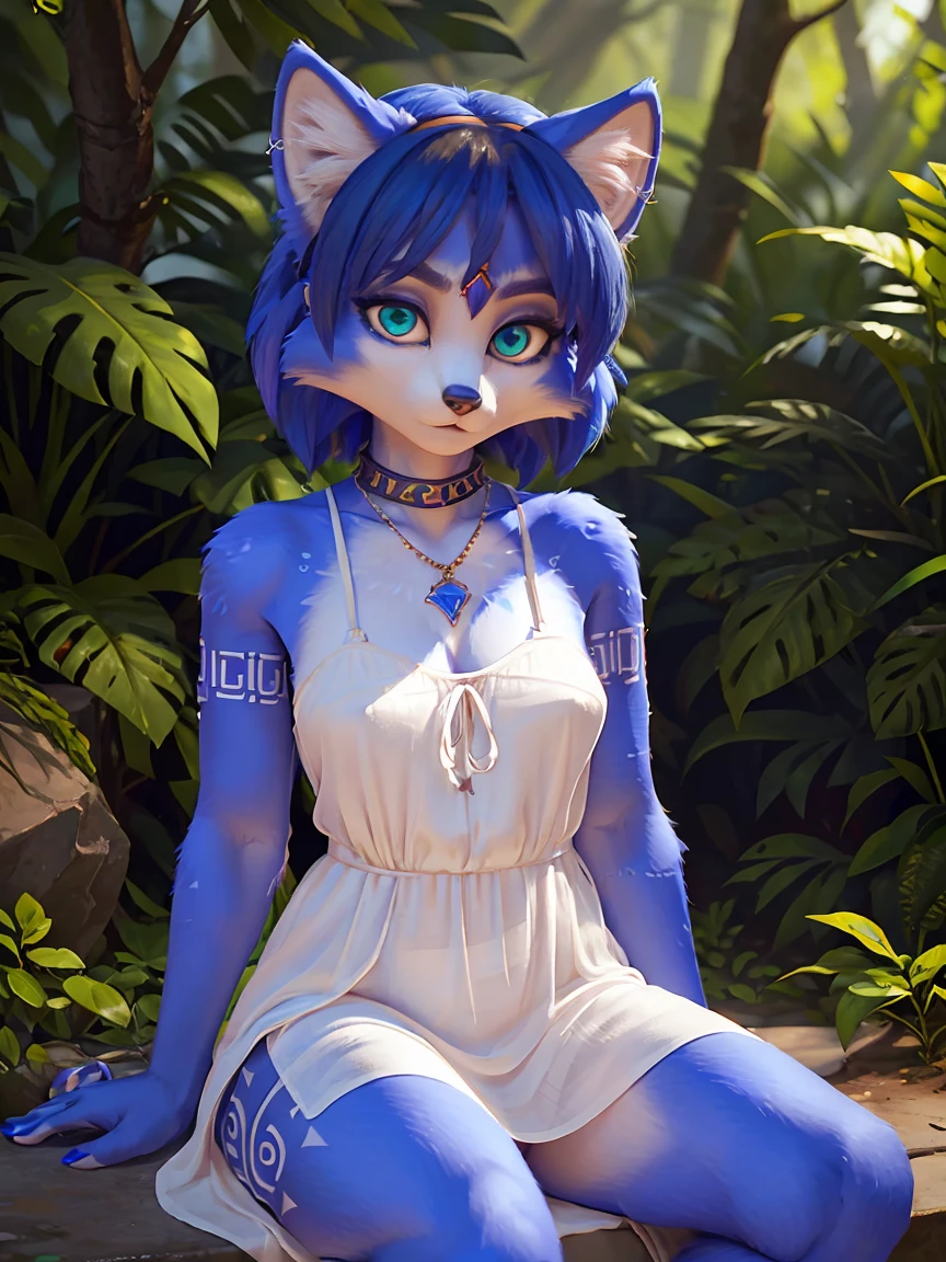 A beautiful and detailed (sweet portrait) wa ((Krystal)), Star Fox Krystal, sslim, lovable, green eyes, medium breasts, (((Long blue hair 1.3))), Decollete, anthro, furry, Uploaded E621, detailed fluffy fur, (wa Fluff-Kevlar, Bayard Wu, Personalami, Pino Daeni), detailed face, (fluffy), 1 girl, alone, sweet girl, wearing a white bandeau, white fabric panties, hair cover one eye, standing hoch straight, big happy smile, giving you a thumbs hoch, other hand on hip, Plain white background, wearing a blue bandeau, brown short shorts, c choch sized chest, stands in a forest