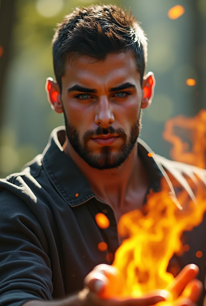 masterpiece, best quality, high resolution, closeup portrait, male focus, solo focus, A man, 45 years old, with firefighter uniform, firefighter suit, firefighter, bleached blonde silver hair, looking french, messy short hairstyle, lean body, cute and seductive face, bare chest, dirty body, messy hair, body hair, facial hair, facial hair unshaved, roman nose, very skinny body, hairy legs, dimples, medium beard, bold jawline , in the background a fire station,  view from below, amazing composition, front view, HDR, ultra quality, elegant, highly detailed