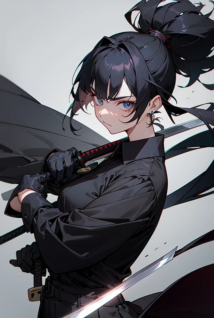 a drawing of a woman in a black outfit holding a sword, inspired by Kusumi Morikage, inspired by Kanō Hōgai, inspired by Kano Sanraku, inspired by Kawabata Ryūshi, Female Samurai, Japanese anime style, anime style character