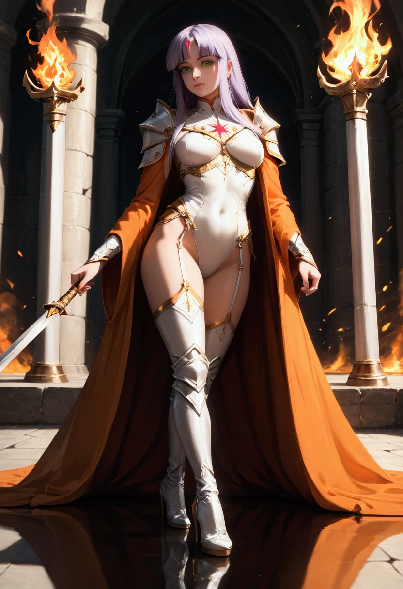 best quality, masterpiece, high resolution, 1 girl,,Sexy red bikini underwear, Bikini with gold pattern, high cut briefs, perspective, Sci-fi style, Very large white priest's cloak, white priest hat, The priest's hat has intricate patterns, sexy dress, super huge , long hair, long legs, put on boots, standing posture, Facing the audience, hide hands, Korean woman beautiful face, Smiling role play