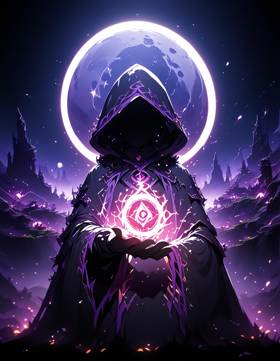 Detailed 8k shadow with hood and black cloak covering the entire body using a purple binding spell with the moon in the background