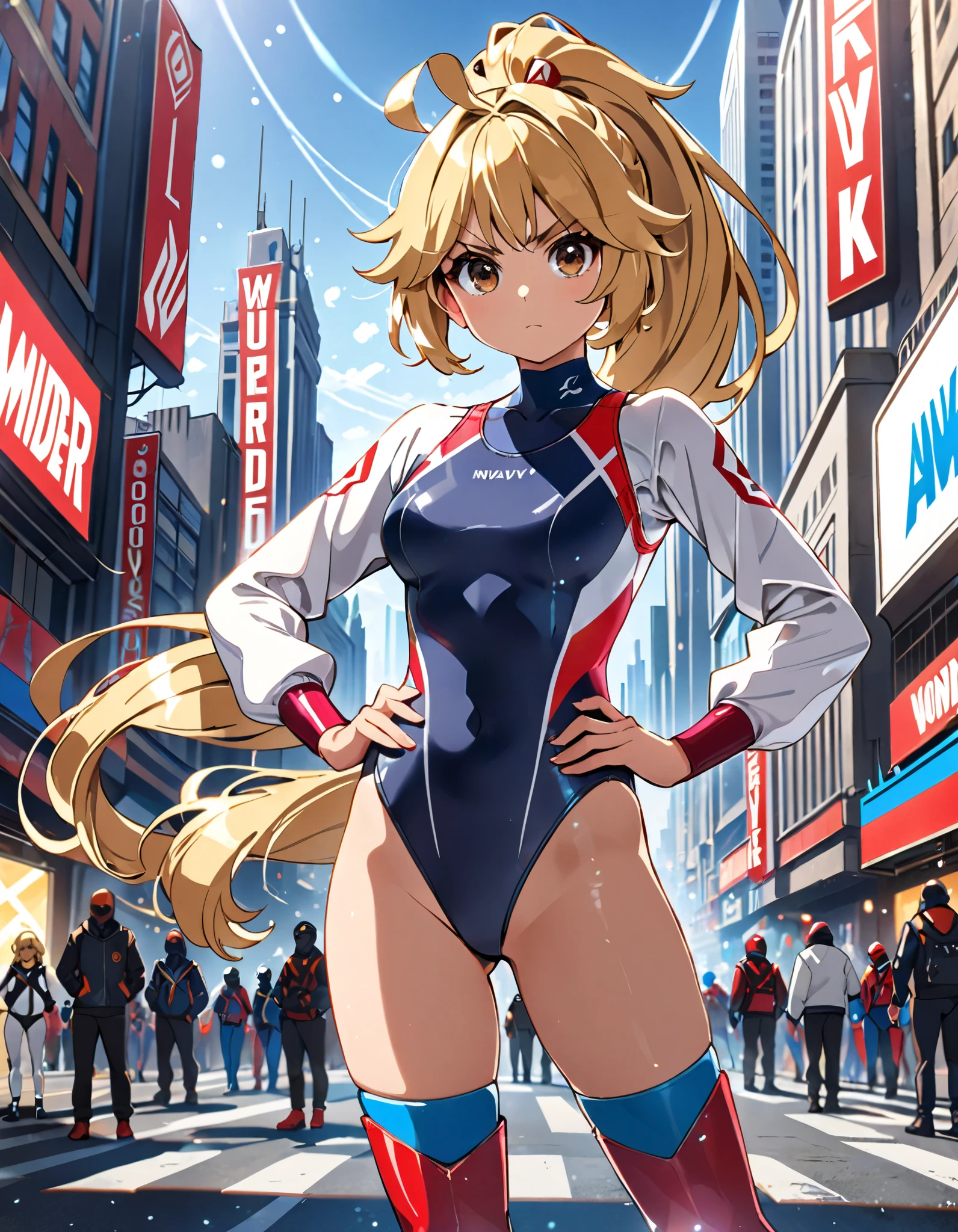 (masterpiece), (best quality), (high res), highly detailed, professional, 1girl, (solo, solo focus), wonder, superhero, anime style, serious, v-shaped eyebrows, perfect hands, complete fingers, (white elastic sleeves:1.4, leotard, navy blue leotard, competition swimsuit), bare legs, blonde hair, ahoge, medium breasts, brown eyes, beautiful detailed eyes, cute eyes, cute face, long hair, looking at viewer, medium breasts, (ponytail:1.2), (red boots, thighhighs), determined, serious, college-age adult female, full body shot. Atlanta street backdrop. Full-body costume design. (hands on hip:1.2), fix hands, standing straight