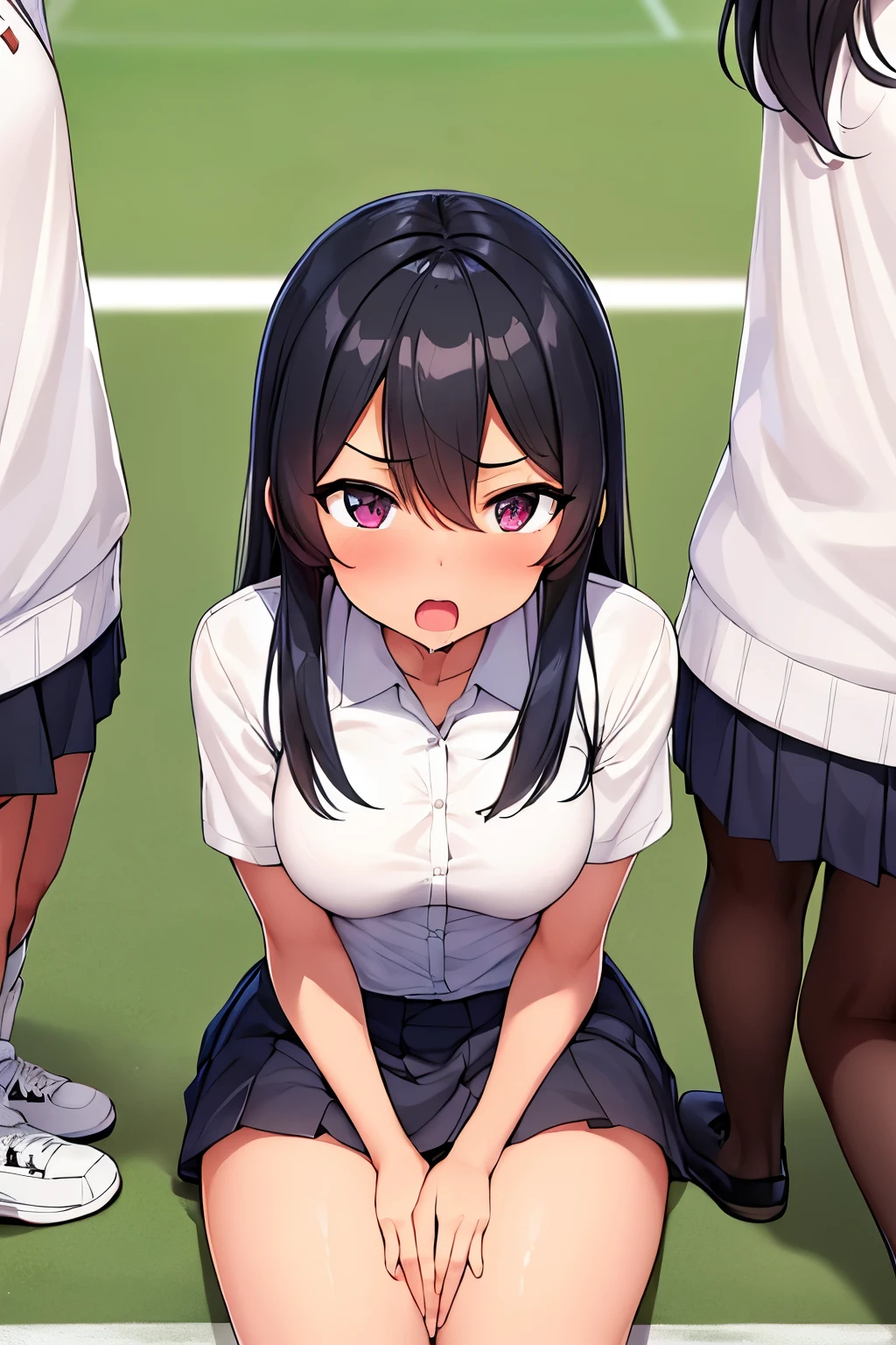 Three black-skinned futanari girls is doing footjob to a boy in the tennis court at night.Futanari girls are standing with angry face. They has a confident and playful expression on them face. They are emphasizing their posture and the details of their uniform, which includes a short skirt, a collared shirt. The background is neutral to keep the focus on the girls and their pose. They are sweating. Girls force to instruct Lick cock of girls