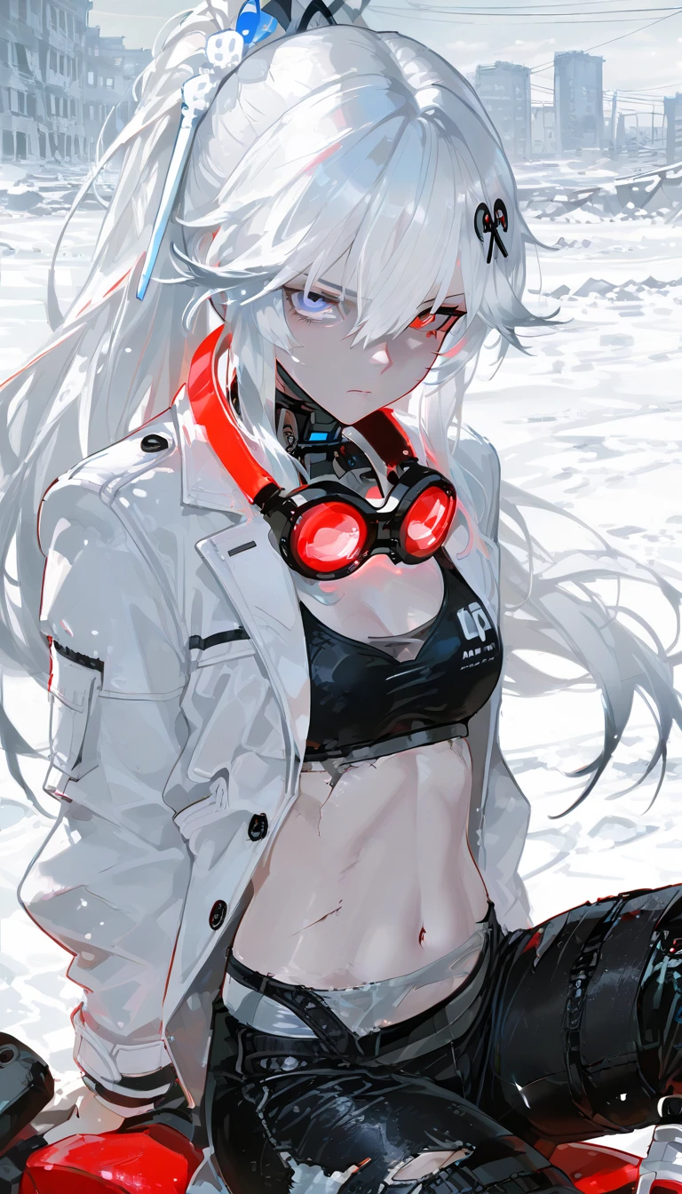  top quality , masterpiece,        748cm style       ,        1 girl,   ,       viewers,  ,      serious expression,,      Punishing Gray raven、     Lucia、     white jacket, frayed hair long hair, white hair, gradient hair, hair ornament, heterochromia, red eyes, blue eyes, white suit
Snow, snow city background, abandoned city, looking at viewer, long shot, bare belly, upper body, ponytail, black sports bra, black pants, tight, leggings, ripped pants, thigh, boots, red motorcycle googgles around the neck