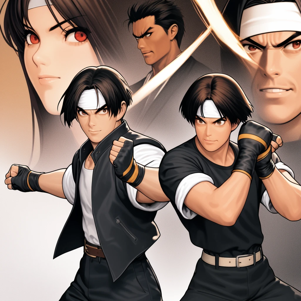 Masterpiece, 2 people, man and woman before fighting,, highest res, 8k, grinning, fighting pose, fighting: 1.5,(Kyo Kusanagi), man has dark skin, red eyes, one person, ((white headband)) two shots, black jacket (sleeves rolled up), fingerless gloves, black hair, white T-shirt, black pants, white shoes, brown belt, boyish, good looks, shot, charming, masterpiece, high resolution, detailed face, granules, confident smile, men and women fighting against background of Arles amphitheater, loud cheers in air, same hair, same hair and clothes, angry face: 1. attack speed 5, fast attack, Angry face, angry face