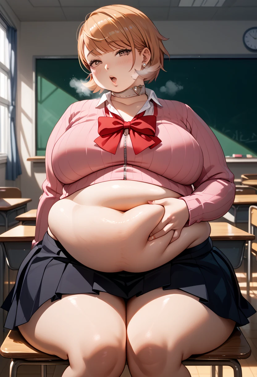 score_9, score_8_up, score_7_up, source_anime, 1girl, solo, yukaridef, gekkoukan high school uniform, pink cardigan, red bow, long sleeves, black skirt, earrings, white choker, fat, chubby, obese, morbidly obese, she has a massive jiggly round fat belly, wide hips, chubby, very curvy, pudgy belly, heavy belly, thick, thick, soft belly, sexy hips, legs spread apart, tight clothes, ((massive hips)), (big belly), big breasts, chubby arms, belly rolls, blushing, moaning, heavy breathing, visible breath, hand on own belly, seductive_gaze, sitting_down, school, classroom, desk, indoors, from_below, looking_at_viewer,