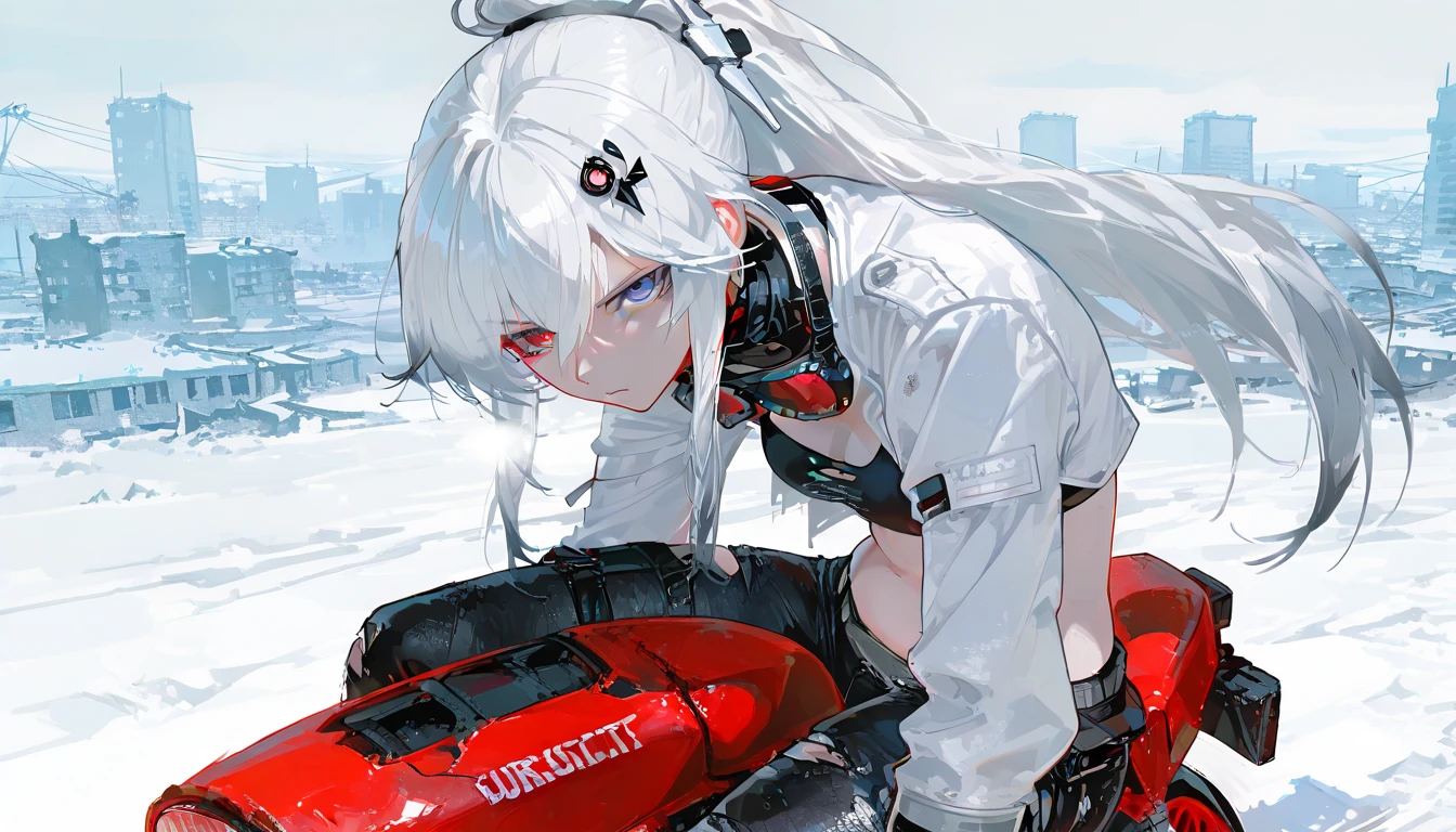  top quality , masterpiece,        748cm style       ,        1 girl,   ,       viewers,  ,      serious expression,,      Punishing Gray raven、     Lucia、     white jacket, frayed hair long hair, white hair, gradient hair, hair ornament, heterochromia, red eyes, blue eyes, white suit
Snow, snow city background, abandoned city, looking at viewer, long shot, bare belly, upper body, ponytail, black sports bra, black pants, tight, leggings, ripped pants, thigh, boots, red motorcycle goggles around the neck