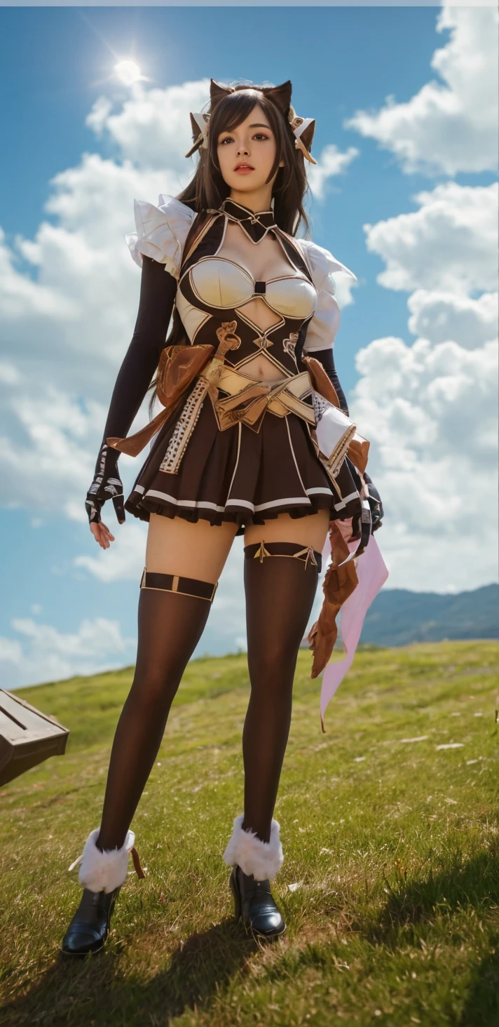 masterpiece, best quality, absurdres, perfect anatomy, 1girl, solo, Ashelia, short hair, AsheliaOutfit, miniskirt, thighhighs, jewelry, belt, standing, cowboy shot, smile, dynamic pose, dynamic angle, outdoors, plains, hills, (fashion model pose)