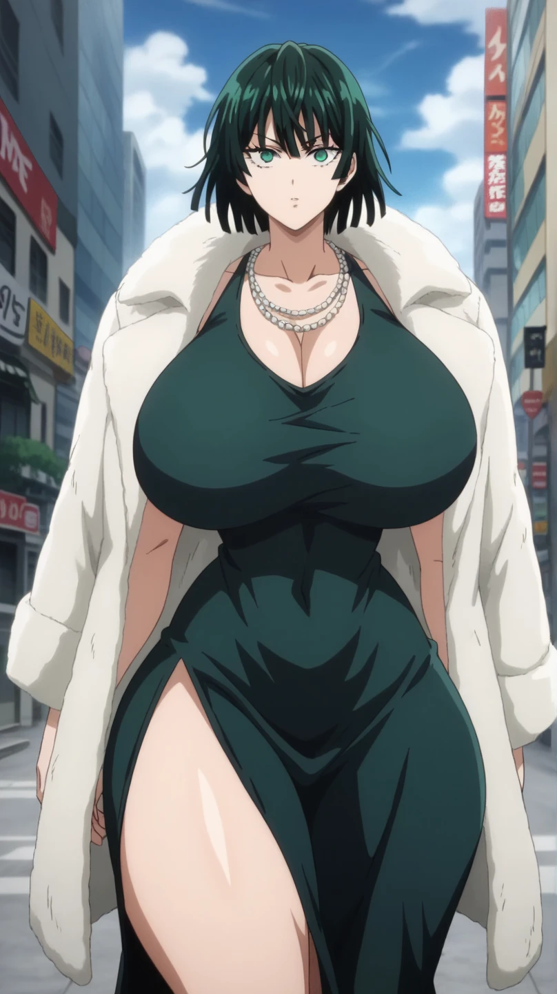 Fubuki,one punch man,city,perfect body,large breast,detailed face,green eyes,Prompt: (huge gigantic super mega hyper:1.3),(biggest round giant massive :1.3),perfect lighting,big ass,black dress,dress,fur coat,jewelry,necklace,off shoulder,taut clothes,taut dress,collapse face,stomach distension,large penis,venous penis,source_anime,masterpiece,best quality,highres,absurdres,official art,official style,source_anime,anime screencap,anime coloring,megami magazine,anime,animated,explicit, shiny skin, fubuki_v1, 1girl,dress, green eyes, green hair, black dress