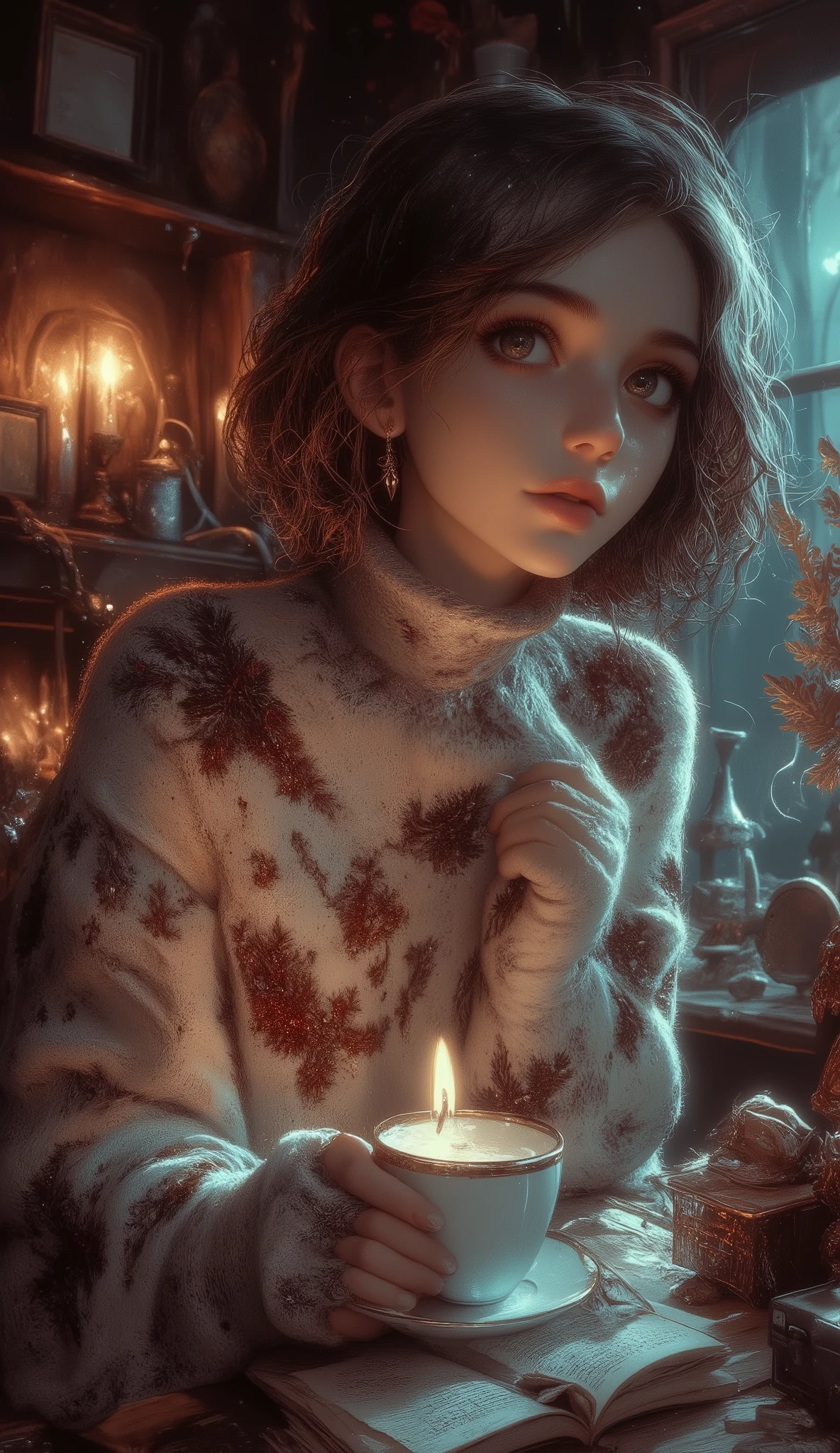 A beautiful woman with beautiful eyes :1.2, detailed eyes, full and beautiful lips , highly detailed eyes and faces, long lashes, cute expression, to smile, sitting:1.4, holding a cup of coffee with hot milk , homemade background , Christmas sweater , fireplace, Warm Light, Detailed lighting and shadows , anime style , 8k, High resolution, masterpiece :1.4, bright colors,