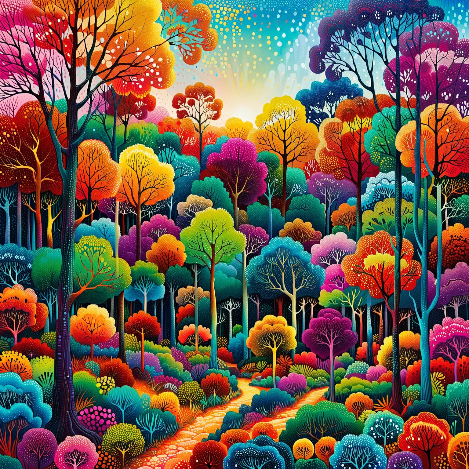 Masterpiece, best composition, highest quality, mobile phone wallpaper, pointillism,a painting of a colorful forest with trees and a sky background, colorful trees, full of colour w 1024, colorful otherworldly trees, full of colour 8-w 1024, full of colour, angus mckie, kilian eng vibrant colours, psychedelic forest, forest colors, painting of a forest, Yayoi Kusama style, best images for your phone.