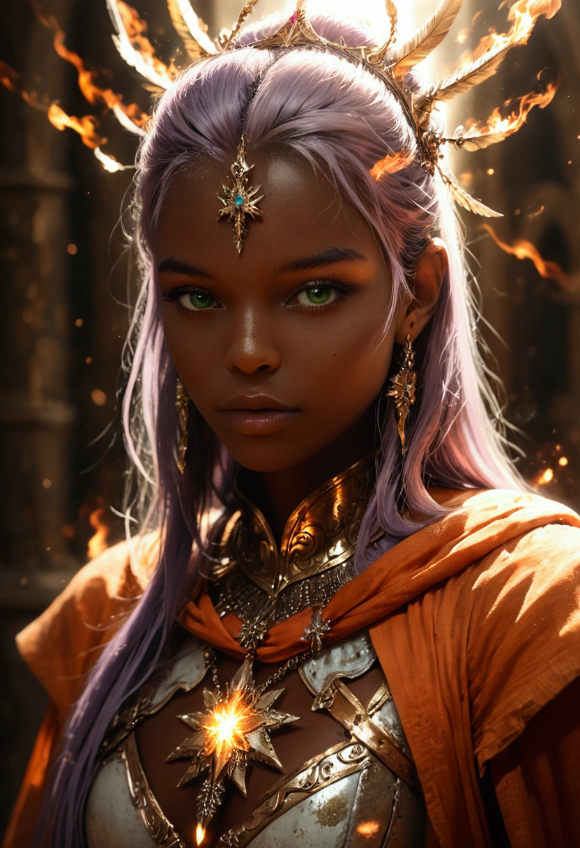 score_9, score_8_up, score_7_up, score_6_up, score_5_up, score_4_up, fantasy art, dnd art, RPG art, wide shot,  an intense details, highly detailed, photorealistic, best quality, highres, portrait a female, (( dark blue skin)), intense details facial details, exquisite beauty, cleric, ((dark blue skin)) female, ((lavender hair)), long hair, (((no ears: 1.5))), (green eyes: 1.3), armed with a fiery sword red fire, wearing (twilight priestly combat vestments: 1.5), wearing white armor, wearing high heeled laced boots, wearing an (orange cloak), wearing glowing sun holy symbol fantasy temple background, reflection light, high details, best quality, 16k, [ultra detailed], masterpiece, best quality, (extremely detailed), close up, ultra wide shot, photorealistic, RAW, fantasy art, dnd art, fantasy art, realistic art,((best quality)), ((masterpiece)), (detailed), perfect face ultra wide shot, Cinematic Shot