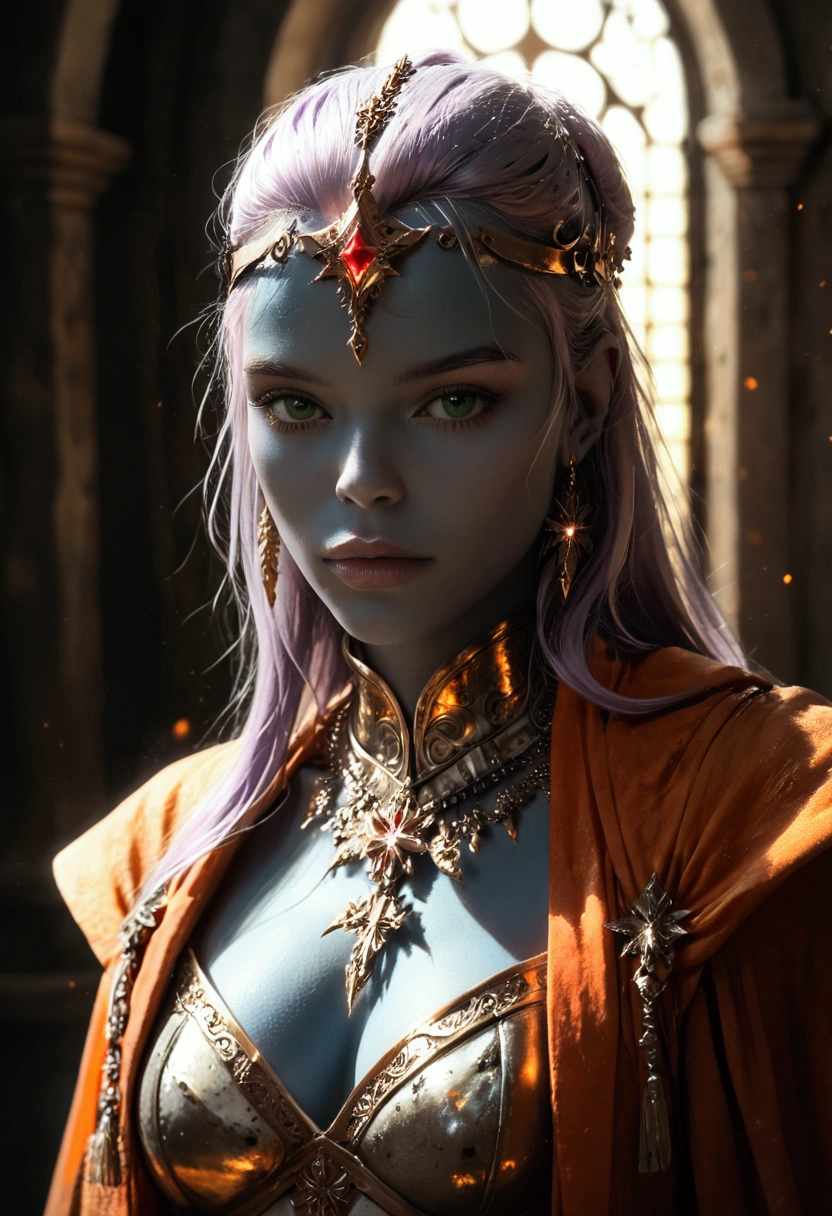 score_9, score_8_up, score_7_up, score_6_up, score_5_up, score_4_up, fantasy art, dnd art, RPG art, wide shot,  an intense details, highly detailed, photorealistic, best quality, highres, portrait a female, (( dark blue skin)), intense details facial details, exquisite beauty, cleric, ((blue skin)) female, ((lavender hair)), long hair, (((no ears: 1.5))), (green eyes: 1.3), armed with a fiery sword red fire, wearing (twilight priestly combat vestments: 1.5), wearing white armor, wearing high heeled laced boots, wearing an (orange cloak), wearing glowing sun holy symbol fantasy temple background, reflection light, high details, best quality, 16k, [ultra detailed], masterpiece, best quality, (extremely detailed), close up, ultra wide shot, photorealistic, RAW, fantasy art, dnd art, fantasy art, realistic art,((best quality)), ((masterpiece)), (detailed), perfect face ultra wide shot, Cinematic Shot