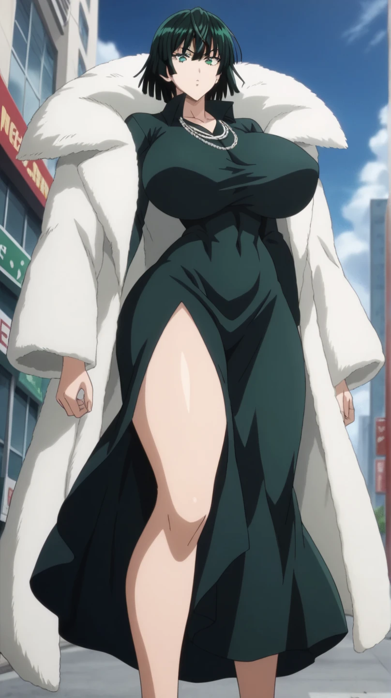 Fubuki,one punch man,city,perfect body,large breast,detailed face,green eyes,Prompt: (huge gigantic super mega hyper:1.3),(biggest round giant massive :1.3),perfect lighting,big ass,black dress,dress,fur coat,jewelry,necklace,off shoulder,taut clothes,taut dress,collapse face,stomach distension,large penis,venous penis,source_anime,masterpiece,best quality,highres,absurdres,official art,official style,source_anime,anime screencap,anime coloring,megami magazine,anime,animated,explicit, shiny skin, fubuki_v1, 1girl,dress, green eyes, green hair, black dress