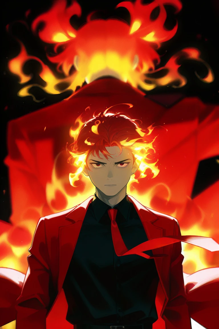  White Skin , man, Flaming hairstyle on a black background, red coat,  black suit, black shirt, red tie,  dark atmosphere