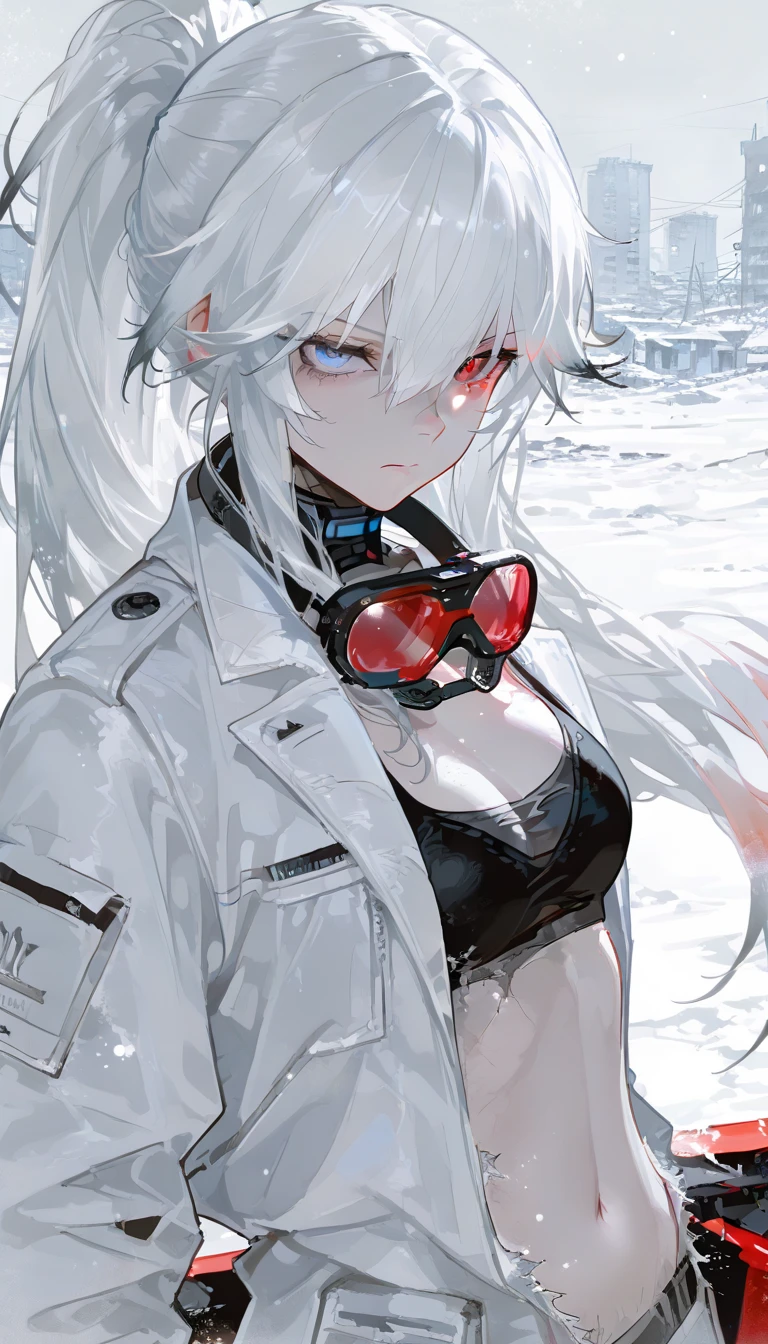  top quality , masterpiece,        748cm style       ,        1 girl,   ,       viewers,  ,      serious expression,,      Punishing Gray raven、     Lucia、     white jacket, frayed hair long hair, white hair, gradient hair, heterochromia, red eyes, blue eyes, white suit
Snow, snow city background, abandoned city, looking at viewer, long shot, bare belly, upper body, ponytail, black sports bra, motorcycle red goggles around the neck