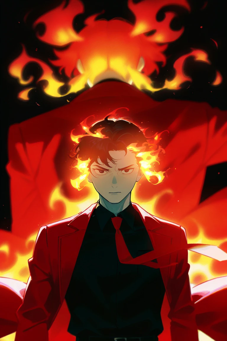  White Skin , man,  black hair, Flaming hairstyles, red coat,  black suit, black shirt, red tie,  dark atmosphere, 