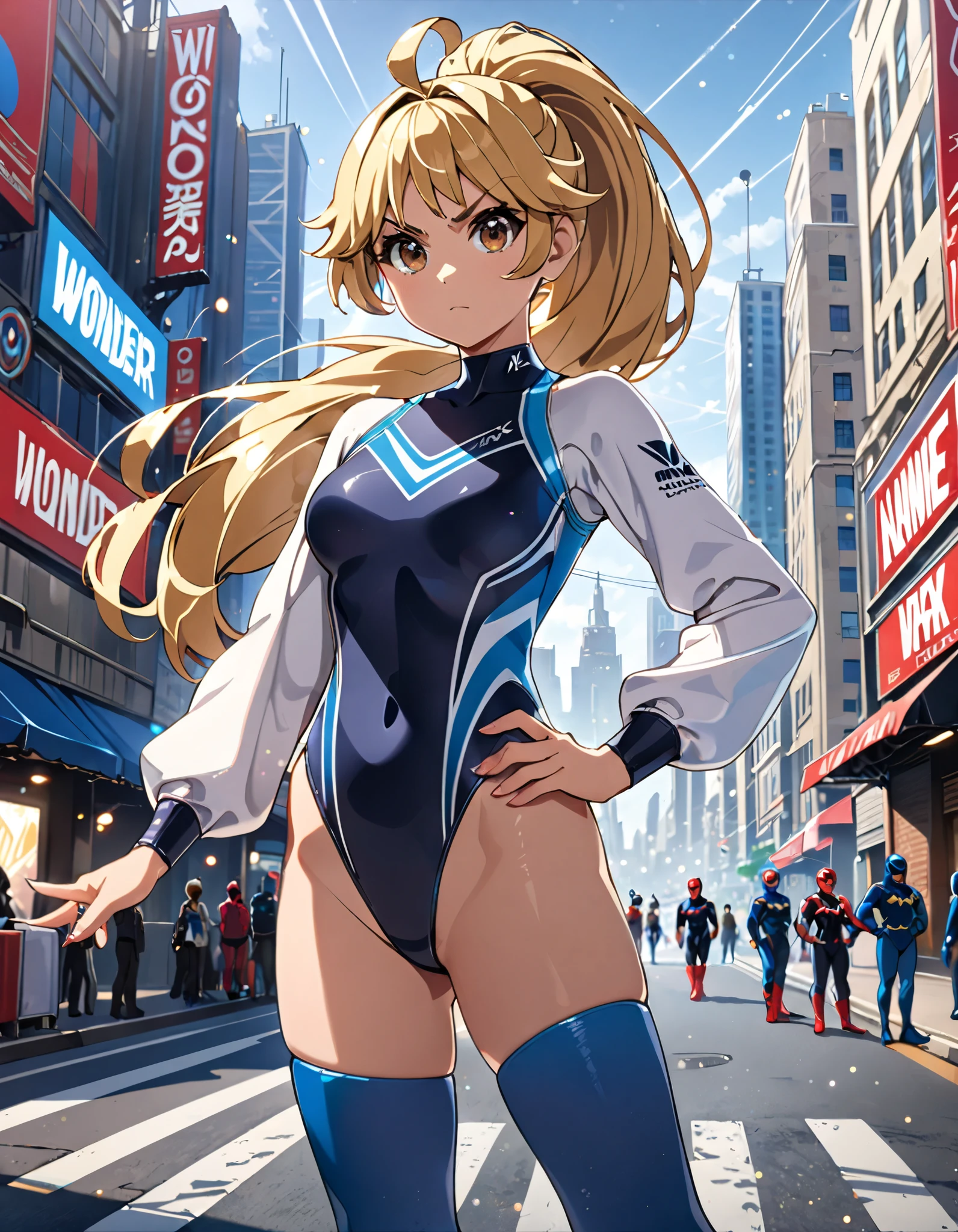 masterpiece, best quality, high res, highly detailed, professional, 1girl, solo, solo focus, wonder, superhero, anime style, serious, v-shaped eyebrows, perfect hands, complete fingers, (white puffy long sleeves:1.2, leotard, navy blue leotard:1.2, competition swimsuit:1.2), blonde hair, ahoge, medium breasts, brown eyes, beautiful detailed eyes, cute eyes, cute face, light particles, long hair, looking at viewer, medium breasts, outdoors, (ponytail:1.15), (red boots:1,2, blue thighhighs:1.1), hand on hip, city street backdrop, (full body costume design:1.2), (full body shot:1.2).