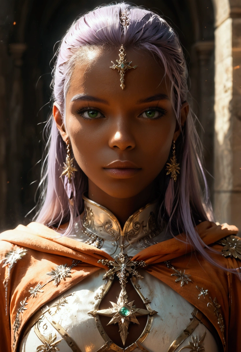 score_9, score_8_up, score_7_up, score_6_up, score_5_up, score_4_up, fantasy art, dnd art, RPG art, wide shot,  an intense details, highly detailed, photorealistic, best quality, highres, portrait a female, ((blue dark skin)), intense details facial details, exquisite beauty, cleric, ((blue dark skin)) female, ((lavender hair)), long hair, (((no ears: 1.5))), (green eyes: 1.3), armed with a fiery sword red fire, wearing (twilight priestly combat vestments: 1.5), wearing white armor, wearing high heeled laced boots, wearing an (orange cloak), wearing glowing sun holy symbol fantasy temple background, reflection light, high details, best quality, 16k, [ultra detailed], masterpiece, best quality, (extremely detailed), close up, ultra wide shot, photorealistic, RAW, fantasy art, dnd art, fantasy art, realistic art,((best quality)), ((masterpiece)), (detailed), perfect face ultra wide shot, Cinematic Shot